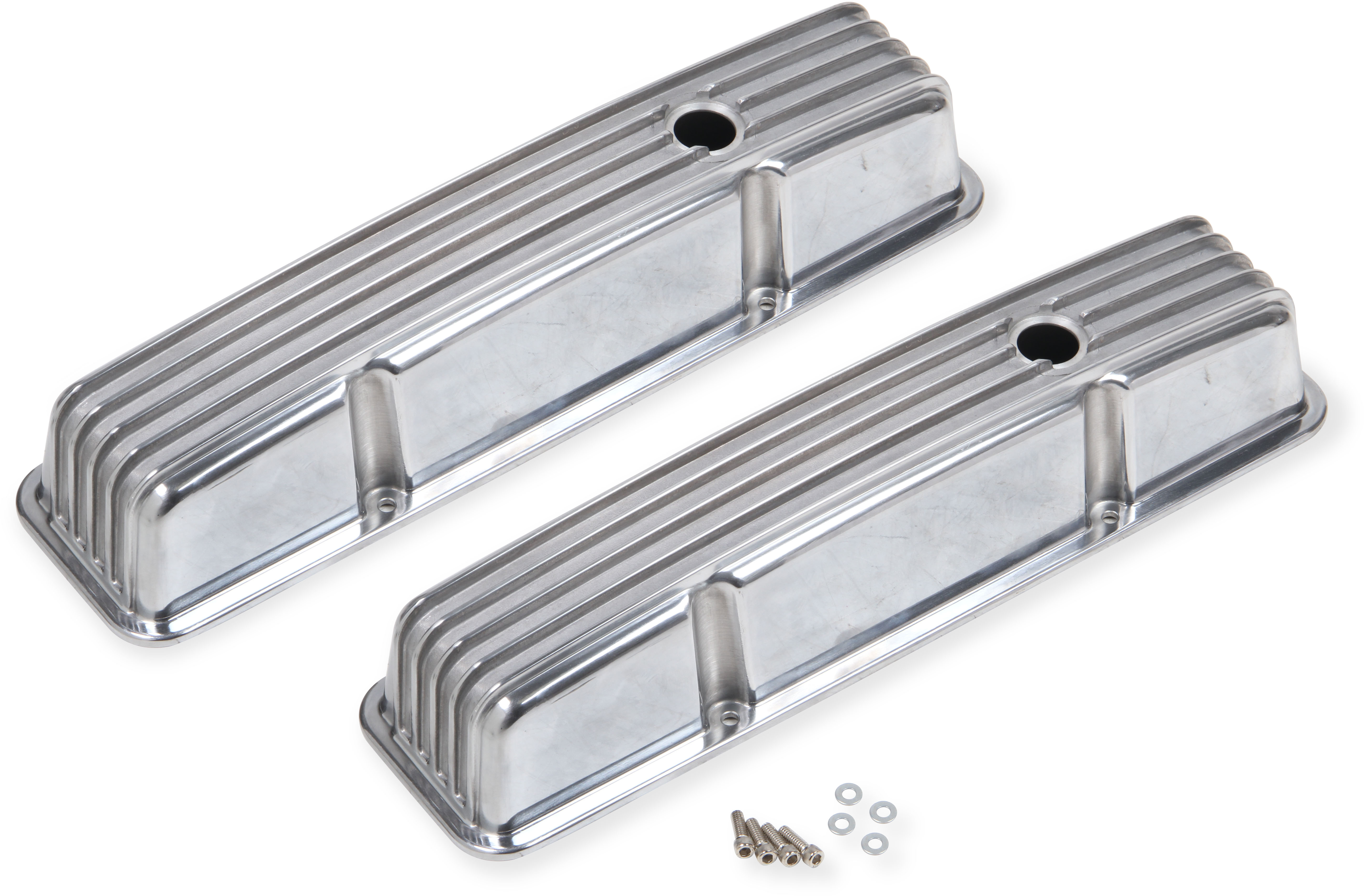 AM Cast aluminum finned valve cover pair polished 1958-86 Chevy 283-400 small block SKU G126855G