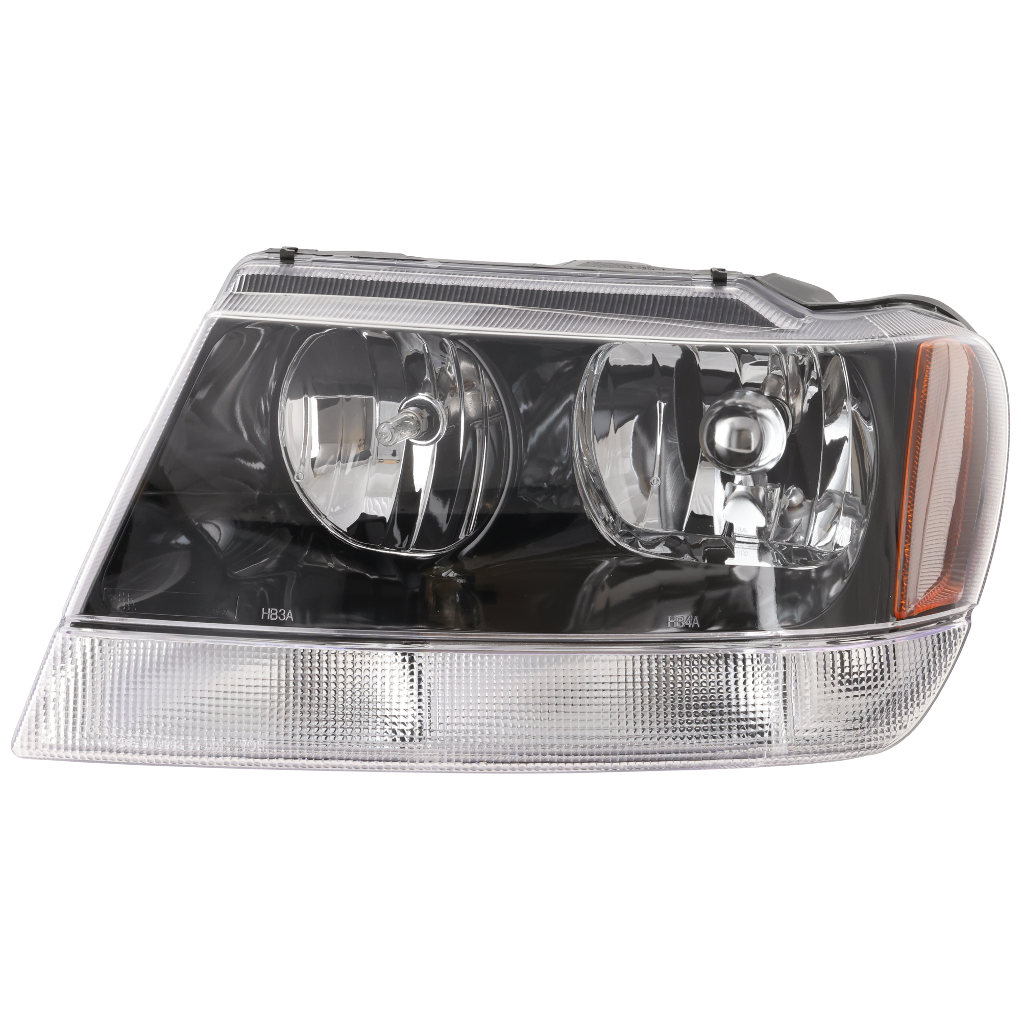 AM GRAND CHEROKEE 02-04 HEAD LAMP LH Assembly Halogen Black Interior w o Harness Exc. Limited Overland Models From 01-15-2002 SKU J100106 Partslink CH2502138 OEM 55155129AJ
