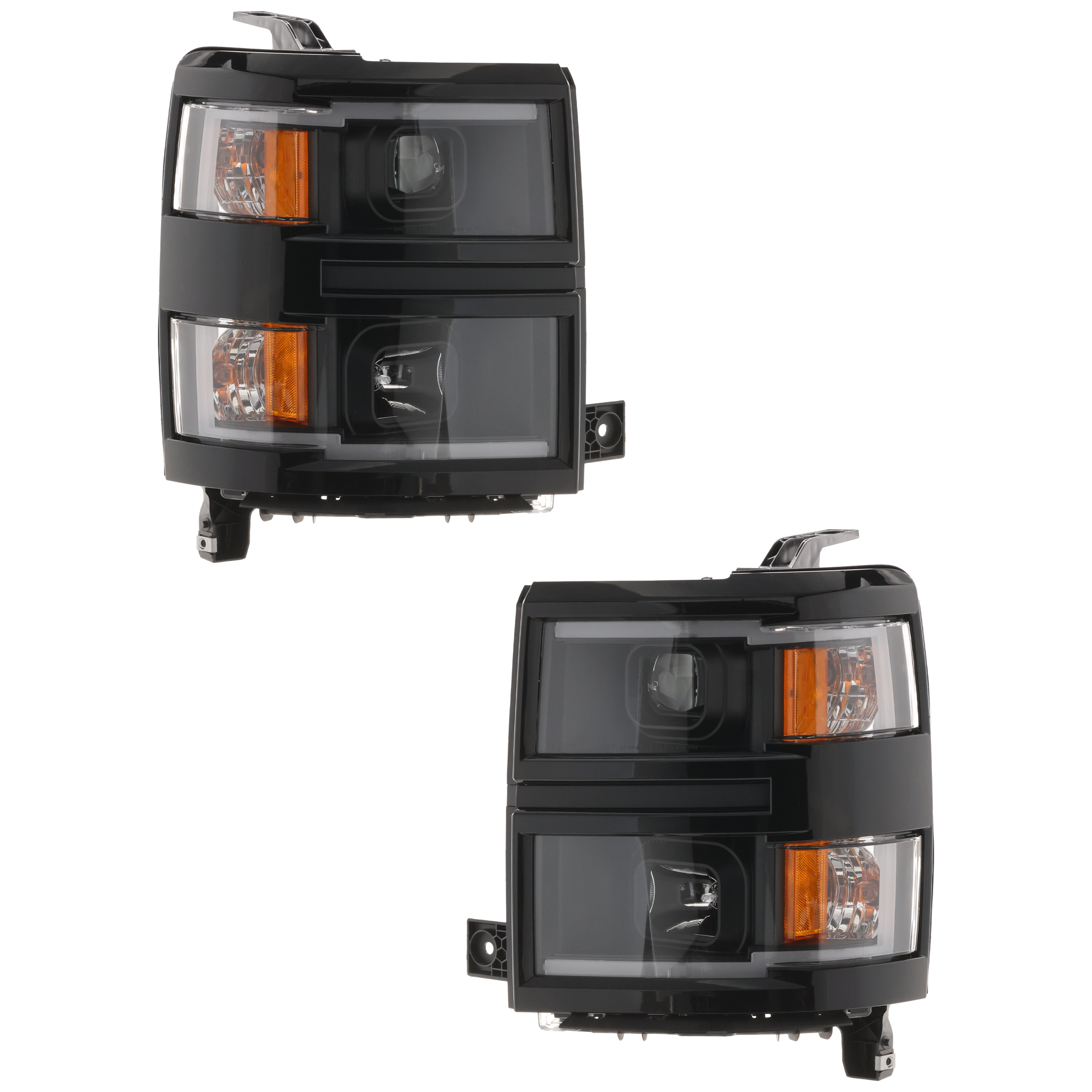 AM SILVERADO 1500-14-15 PROJECTOR HEAD LAMP RH AND LH Assembly Halogen LTZ High Country Models Black Interior w LED Daytime Running Light w Amber Reflector SKU JC10010093A OEM 23380555 PFM 84036799 PFM 8403