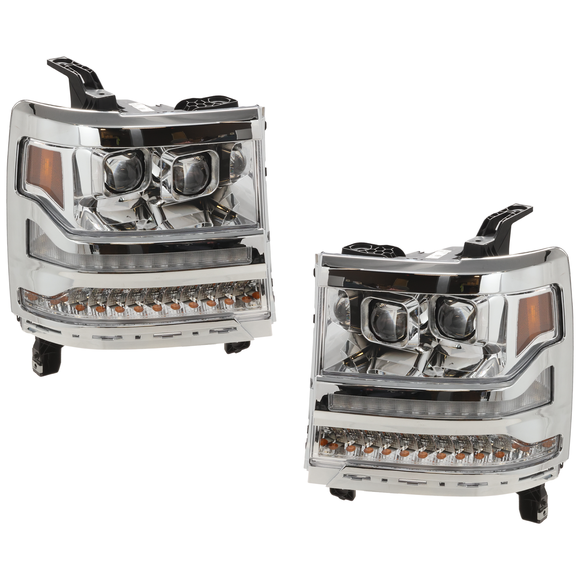 AM SILVERADO 1500-16-18 SILVERADO 1500 LD 19-19 PROJECTOR HEAD LAMP RH AND LH Assembly LED Chrome Interior w Amber Reflector SKU JC10010095A OEM 84356947 PFM 84388723 PFM