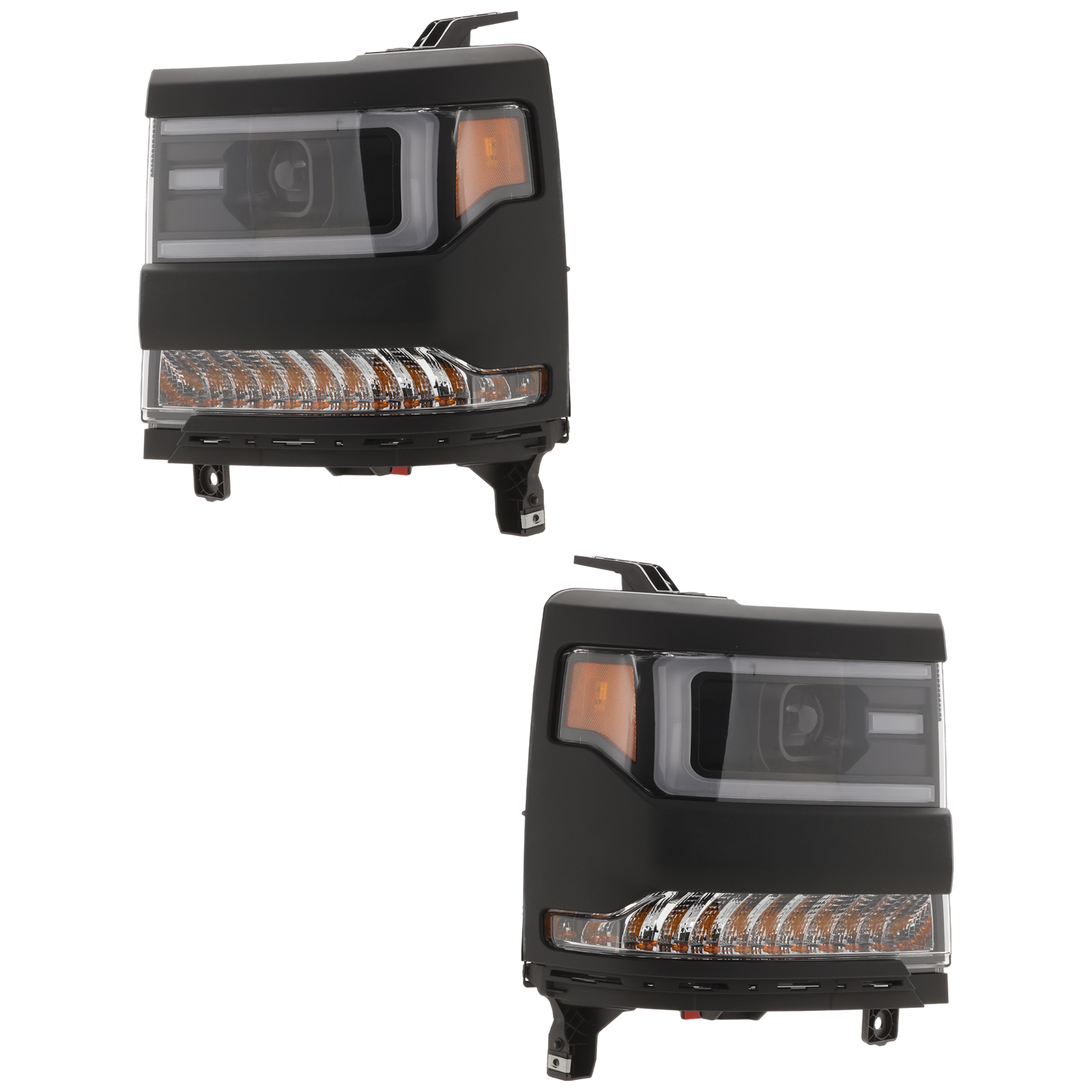 AM SILVERADO 1500-16-18 SILVERADO 1500 LD 19-19 PROJECTOR HEAD LAMP RH AND LH Lens and Housing HID Xenon w o HID Kit Black Interior w LED Bar and Daytime Running Light w Sequential Turn Signal Li SKU JC10010096U OEM 84356947 PFM 84388723 PFM