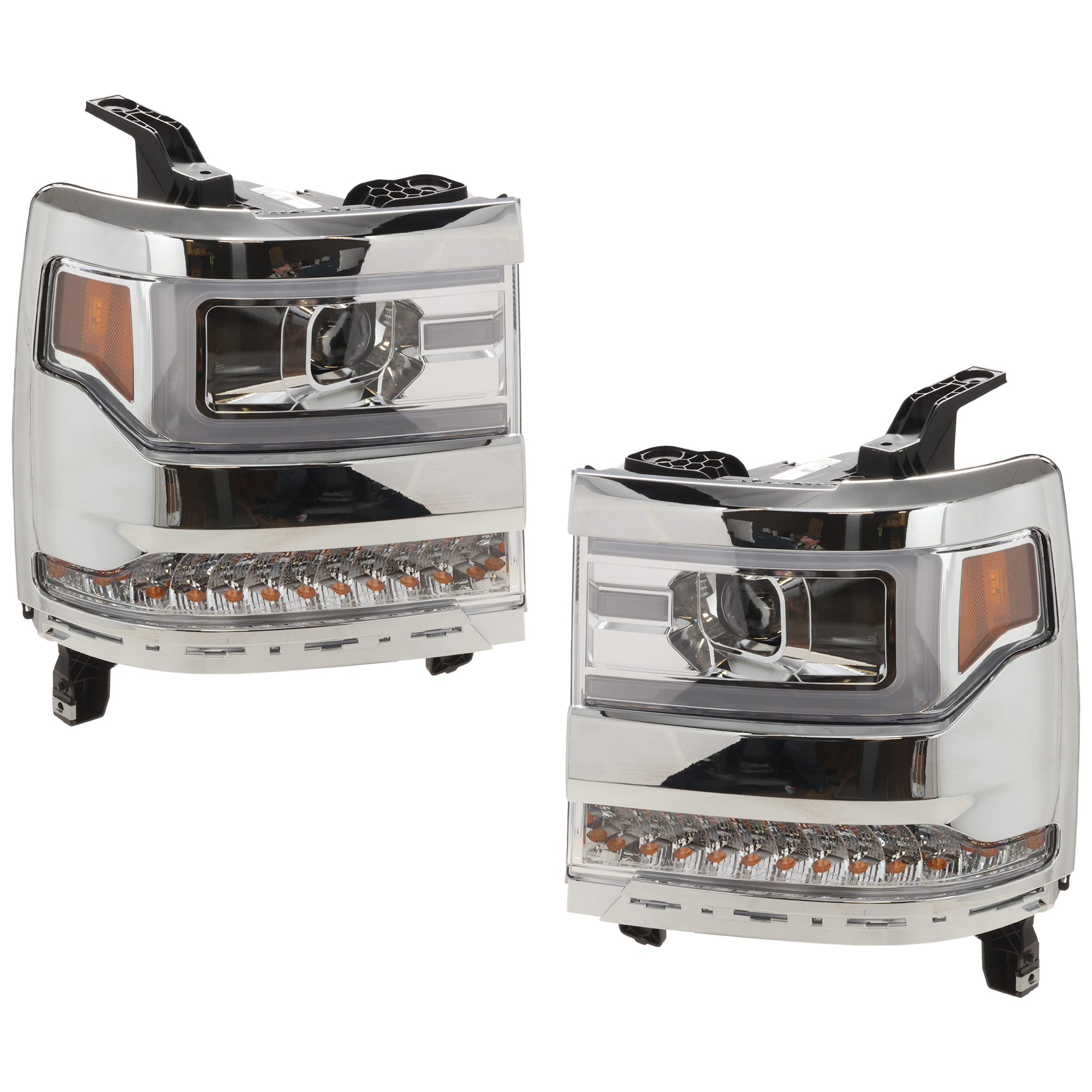AM SILVERADO 1500-16-18 SILVERADO 1500 LD 19-19 PROJECTOR HEAD LAMP RH AND LH Lens and Housing HID Xenon w o HID Kit Chrome Interior w LED Bar and Daytime Running Light w Sequential Turn Signal L SKU JC10010097U OEM 84356947 PFM 84388723 PFM
