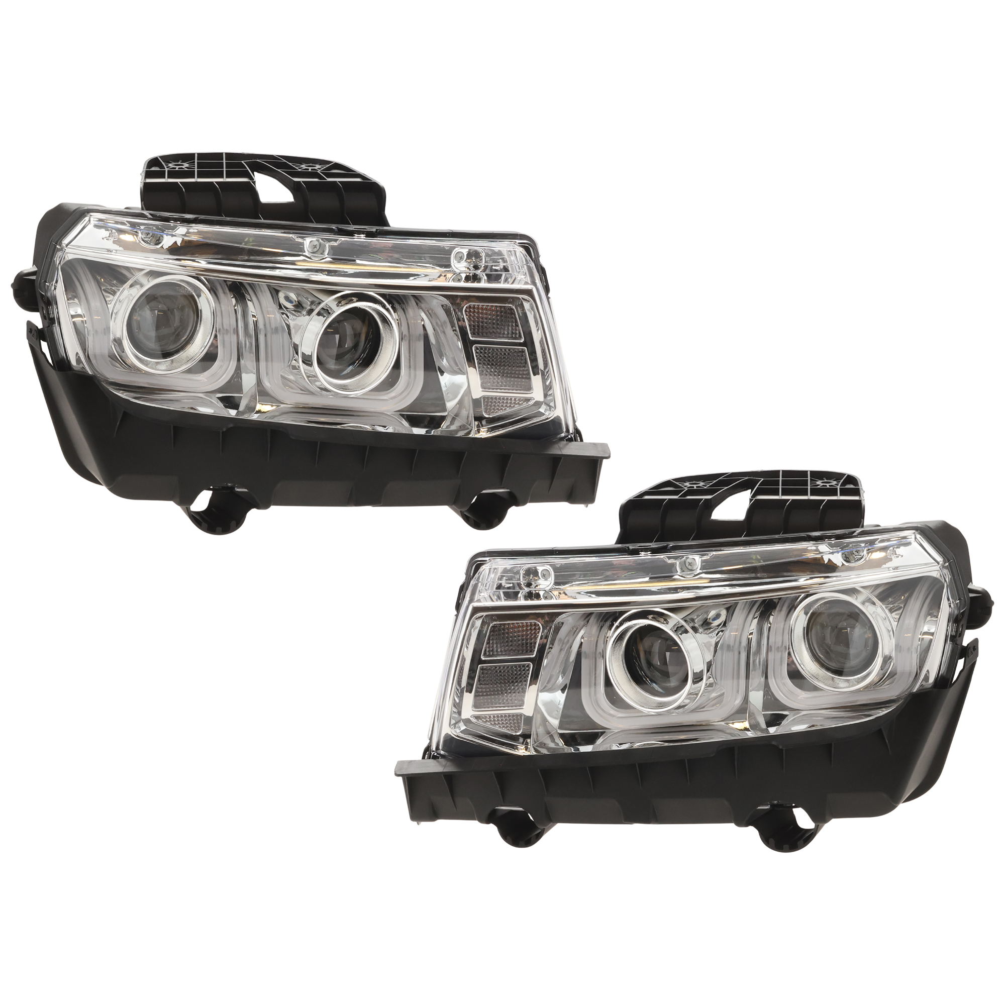 AM CAMARO 14-15 PROJECTOR HEAD LAMP RH AND LH Assembly Halogen w LED U Bar Running Light Chrome Interior LT SS Model w RS Package Convertible Coupe SKU JC10010098A OEM 23398036 PFM 23398037 PFM