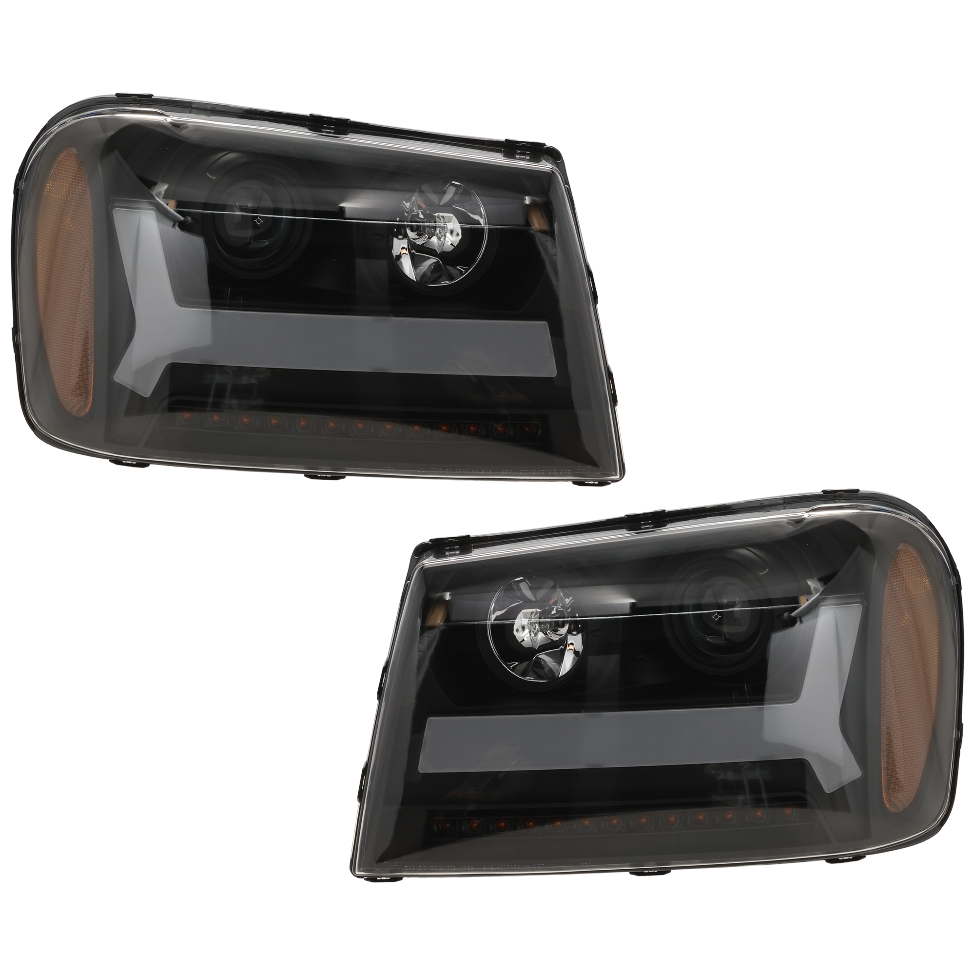 AM TRAILBLAZER 06-09 PROJECTOR HEAD LAMP RH AND LH Composite Assembly Halogen LT Model w Plank Style Design w Amber Reflector SKU JC10010099A OEM 25970908 PFM 25970909 PFM