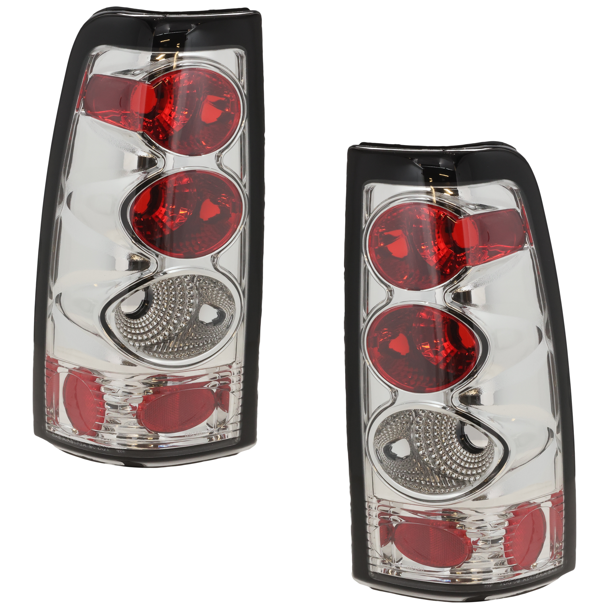 AM SILVERADO 99-02 SIERRA 99-03 TAIL LAMP RH and LH Lens and Housing Incandescent Chrome Interior Clear and Red Lens SKU JC73010129U OEM 19169017 PFM 19169018 PFM