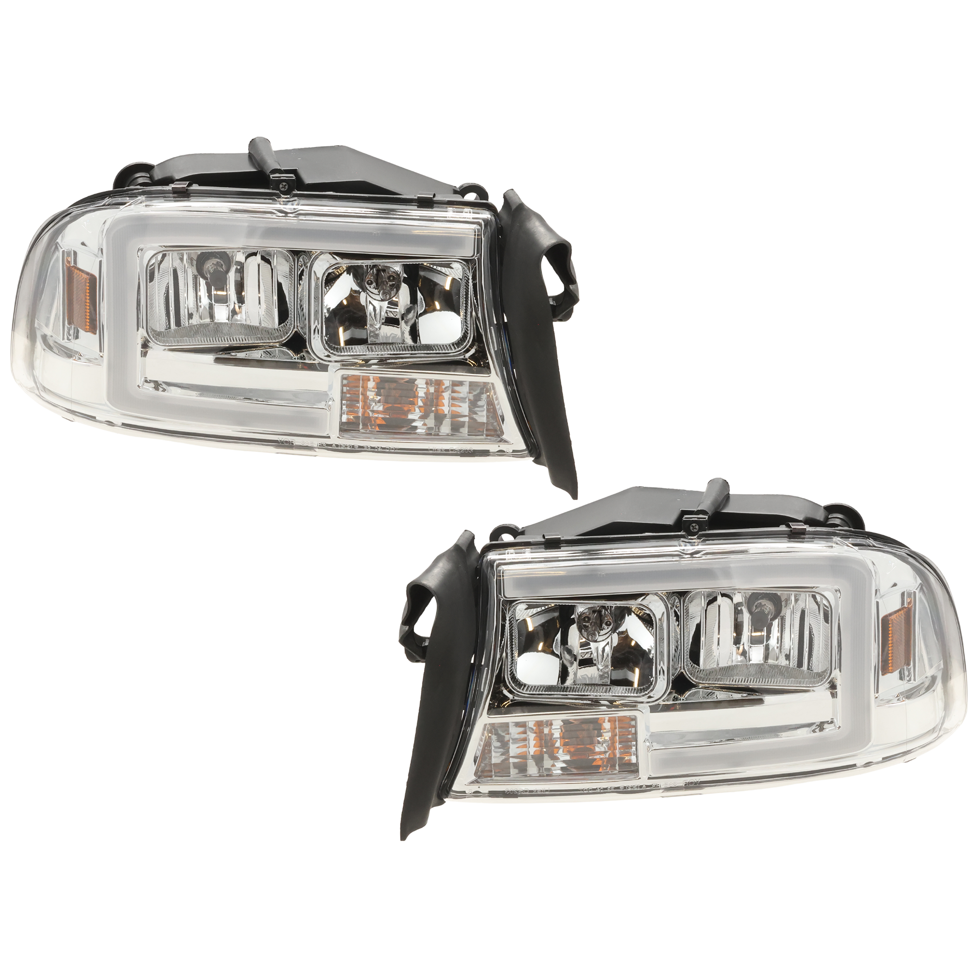 AM DAKOTA 97-04 DURANGO 98-03 HEAD LAMP RH AND LH Assembly Halogen Chrome Interior w C Light Bar SKU JD10010024A OEM 5011407AA PFM 5011406AA PFM 55