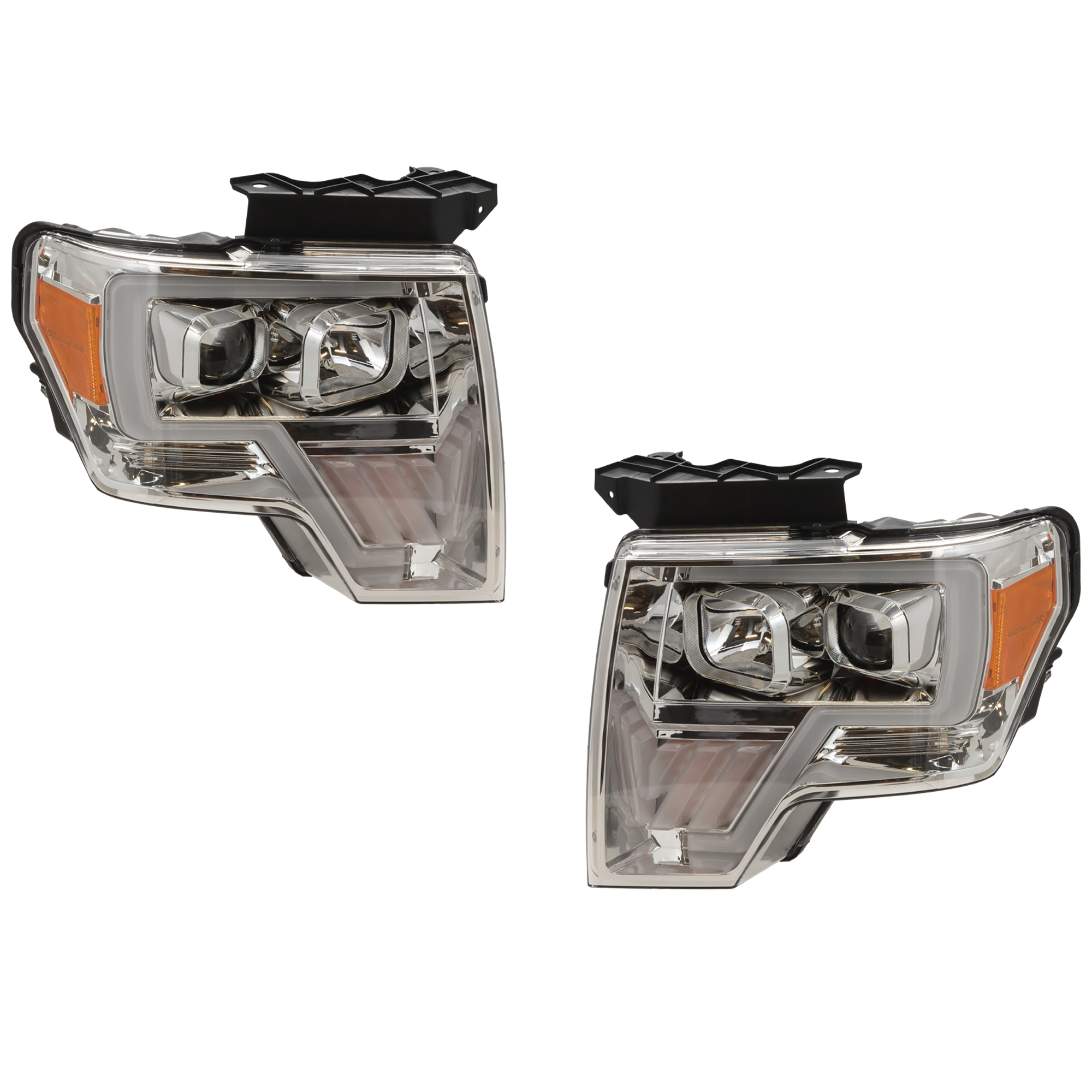 AM F 150-09-14 PROJECTOR HEAD LAMP RH AND LH Assembly Halogen LED Chrome Interior w LED Bar Switchback and Daytime Running Light SKU JF10010037A OEM DL3Z13008A PFM DL3Z13008EB PFM