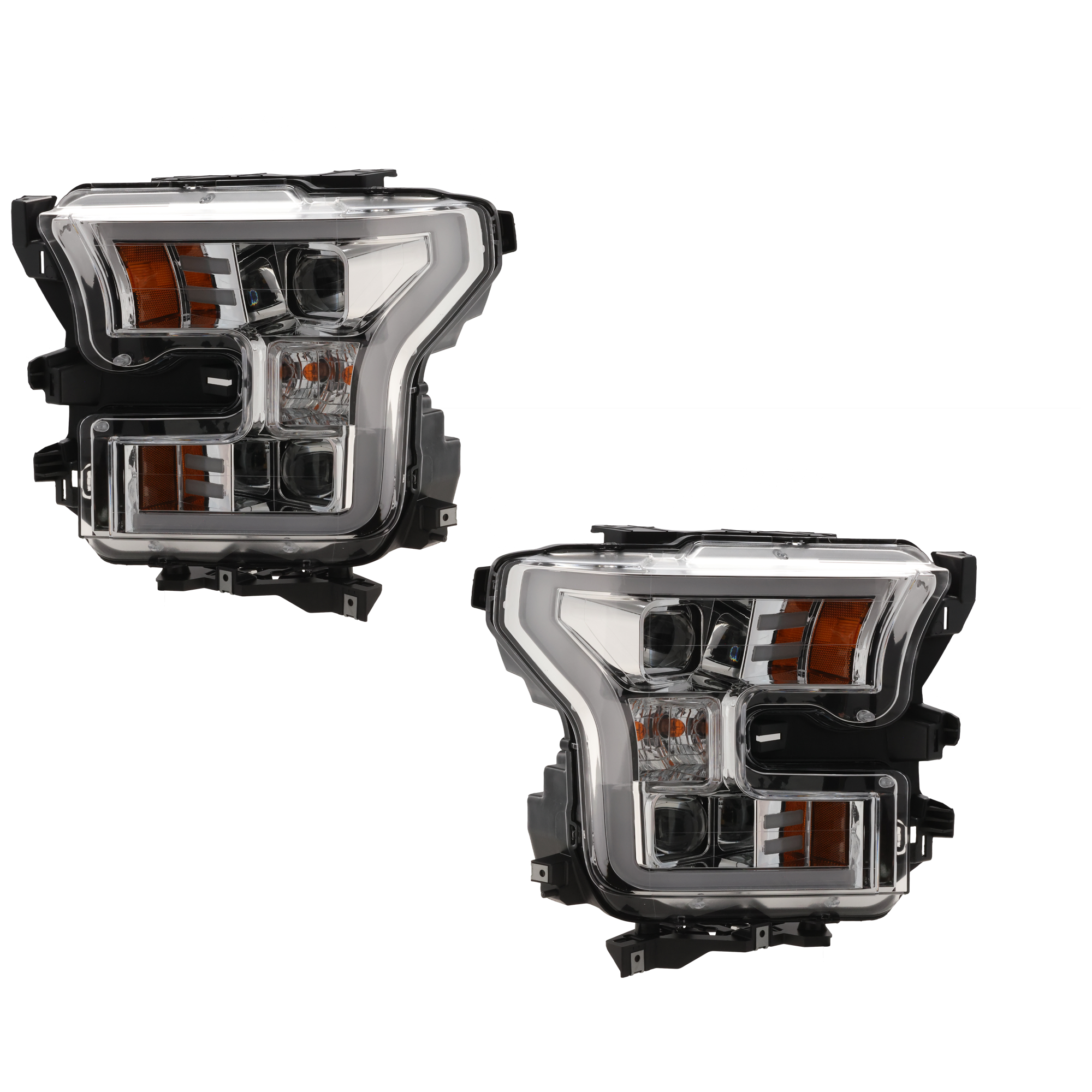 AM F 150-15-17 PROJECTOR HEAD LAMP RH AND LH Assembly Halogen Exc. Raptor Model 16-17 Crew Extended w o Special Edition Package Reg Cab Chrome Interior w LED Bar and Daytime Running Light SKU JF10010038A OEM FL3Z13008B FPM FL3Z13008A PFM