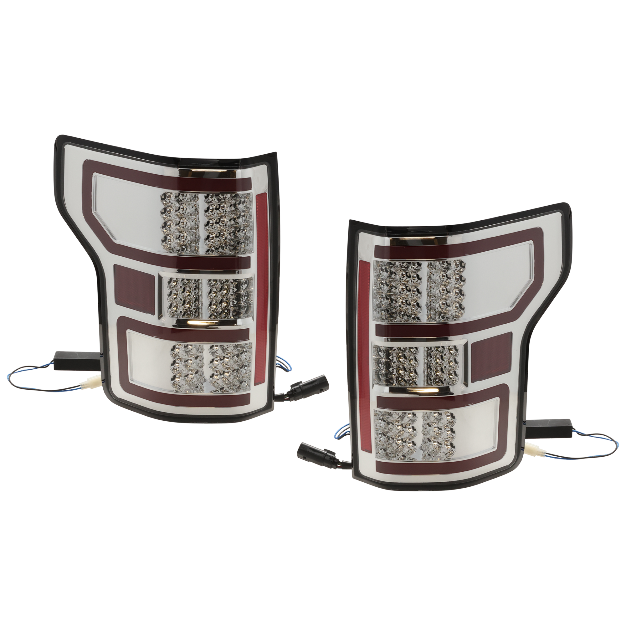 AM F 150-18-20 TAIL LAMP RH AND LH Assembly LED Clear Lens Chrome Interior w Red Light Bar and Sequential Turn Signal SKU JF73010047A OEM JL3Z13404J PFM JL3Z13404H PFM