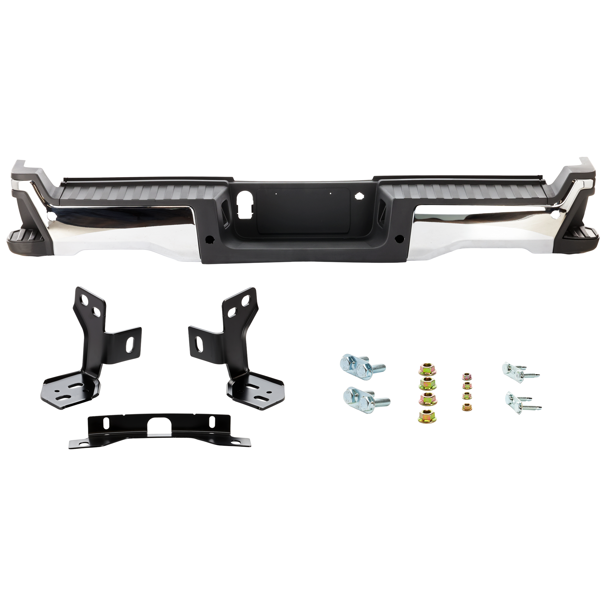 AM F 250 SUPER DUTY F 350 SUPER DUTY 23-24 STEP BUMPER FACE BAR AND PAD w Mounting Bracket Parking Aid Sensor Holes and License Lamps Chrome Crew Extended Standard Cab SKU JF82560007 Partslink FO1103308 OEM PC3Z17810LA PFM