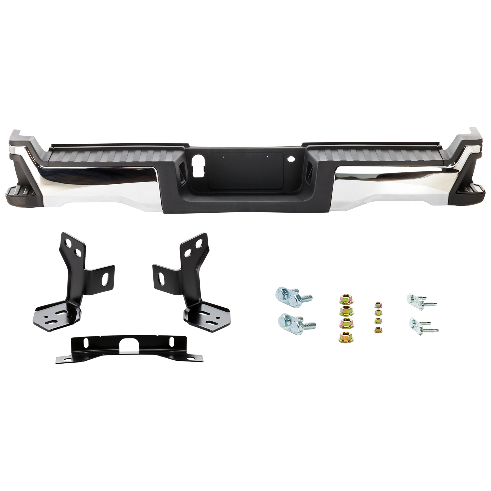 AM F 250 SUPER DUTY F 350 SUPER DUTY 23-24 STEP BUMPER FACE BAR AND PAD w Mounting Bracket and License Lamps Chrome w o Parking Aid Sensor Holes Crew Extended Standard Cab SKU JF82560008 Partslink FO1103307 OEM PC3Z17810JA PFM