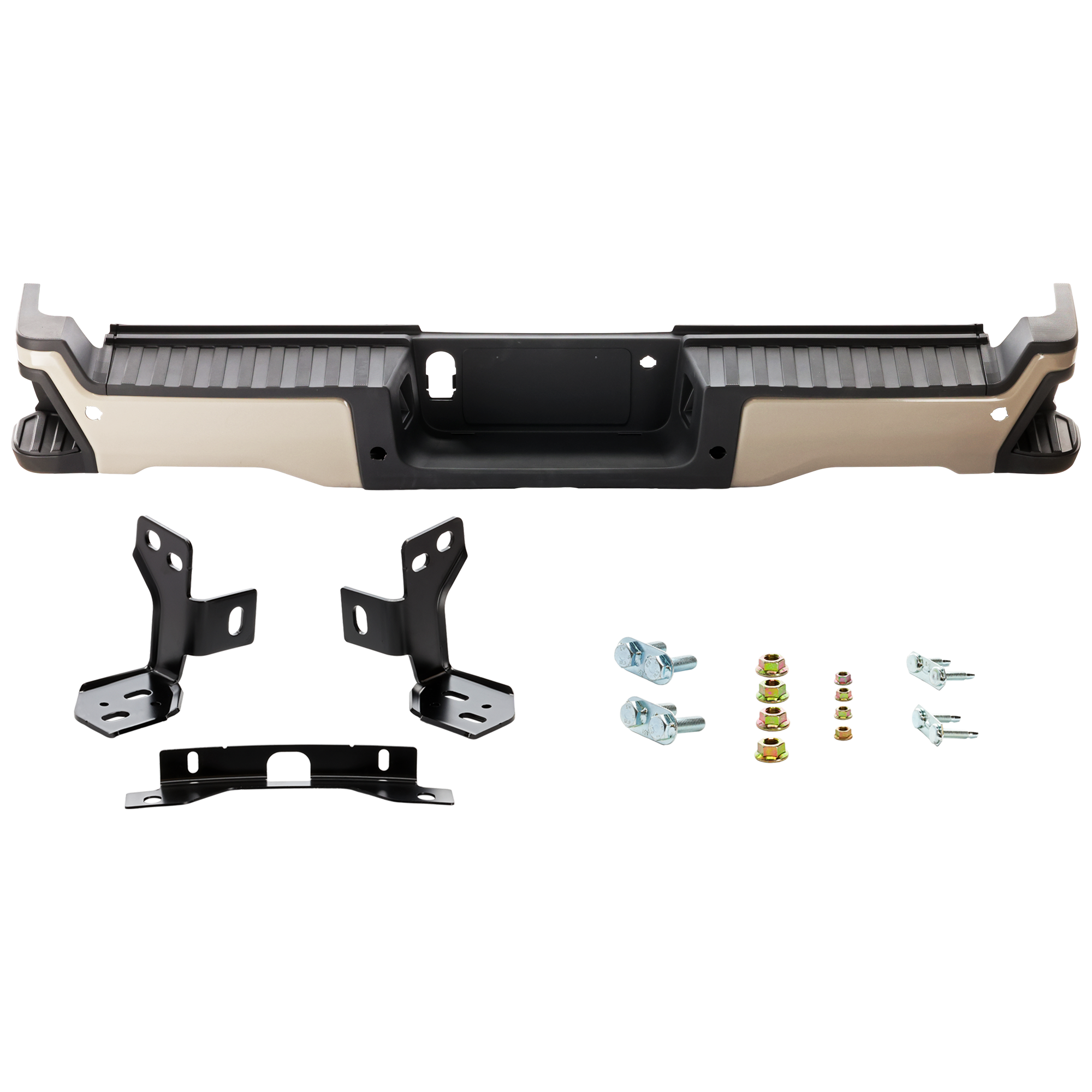AM F 250 SUPER DUTY F 350 SUPER DUTY 23-24 STEP BUMPER FACE BAR AND PAD w Mounting Bracket Parking Aid Sensor Holes and License Lamps Painted Gray Crew Extended Standard Cab SKU JF82560009 Partslink FO1103306 OEM PC3Z17810MAPTM PFM