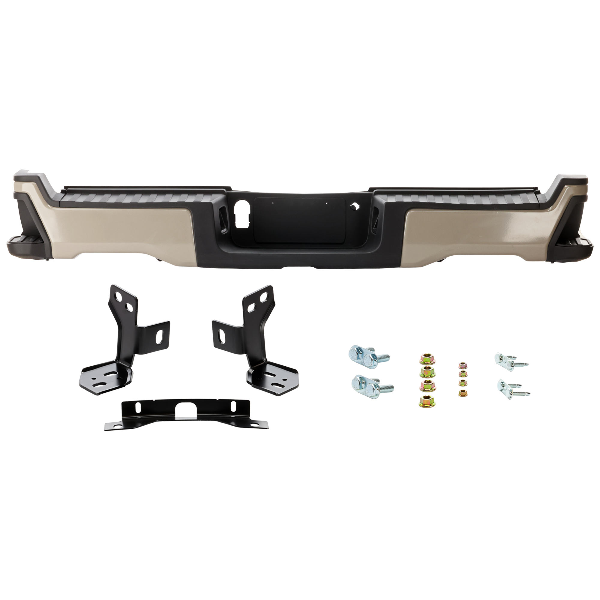 AM F 250 SUPER DUTY F 350 SUPER DUTY 23-24 STEP BUMPER FACE BAR AND PAD w Mounting Bracket and License Lamps Painted Gray w o Parking Aid Sensor Holes Crew Extended Standard Cab SKU JF82560010 Partslink FO1103305 OEM PC3Z17810KAPTM PFM