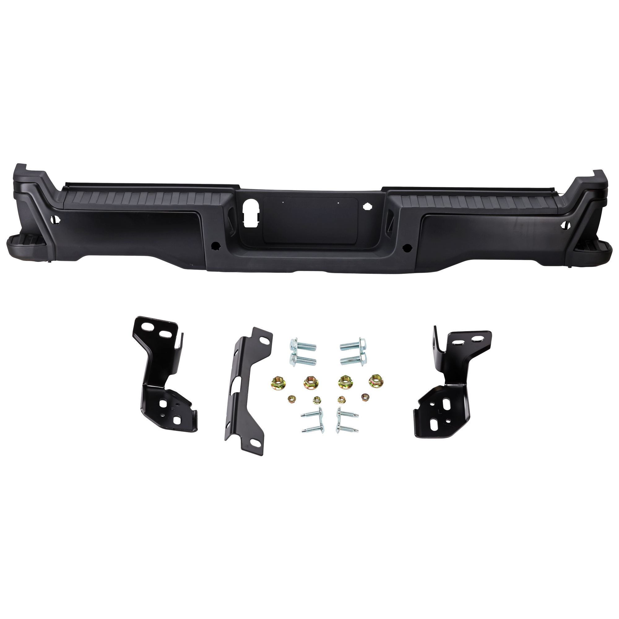 AM F 250 SUPER DUTY F 350 SUPER DUTY 23-24 STEP BUMPER FACE BAR AND PAD w Mounting Bracket Parking Aid Sensor Holes and License Lamps Steel Painted Black Crew Extended Standard Cab SKU JF82560011 Partslink FO1103304 OEM PC3Z17810MAPTM PFM