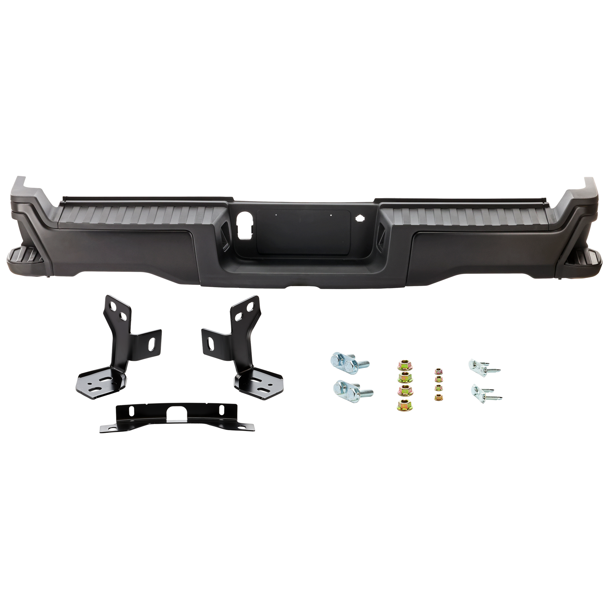 AM F 250 SUPER DUTY F 350 SUPER DUTY 23-24 STEP BUMPER FACE BAR AND PAD w Mounting Bracket and License Lamps Steel Painted Black w o Parking Aid Sensor Holes Crew Extended Standard Cab SKU JF82560012 Partslink FO1103303 OEM PC3Z17810KAPTM PFM