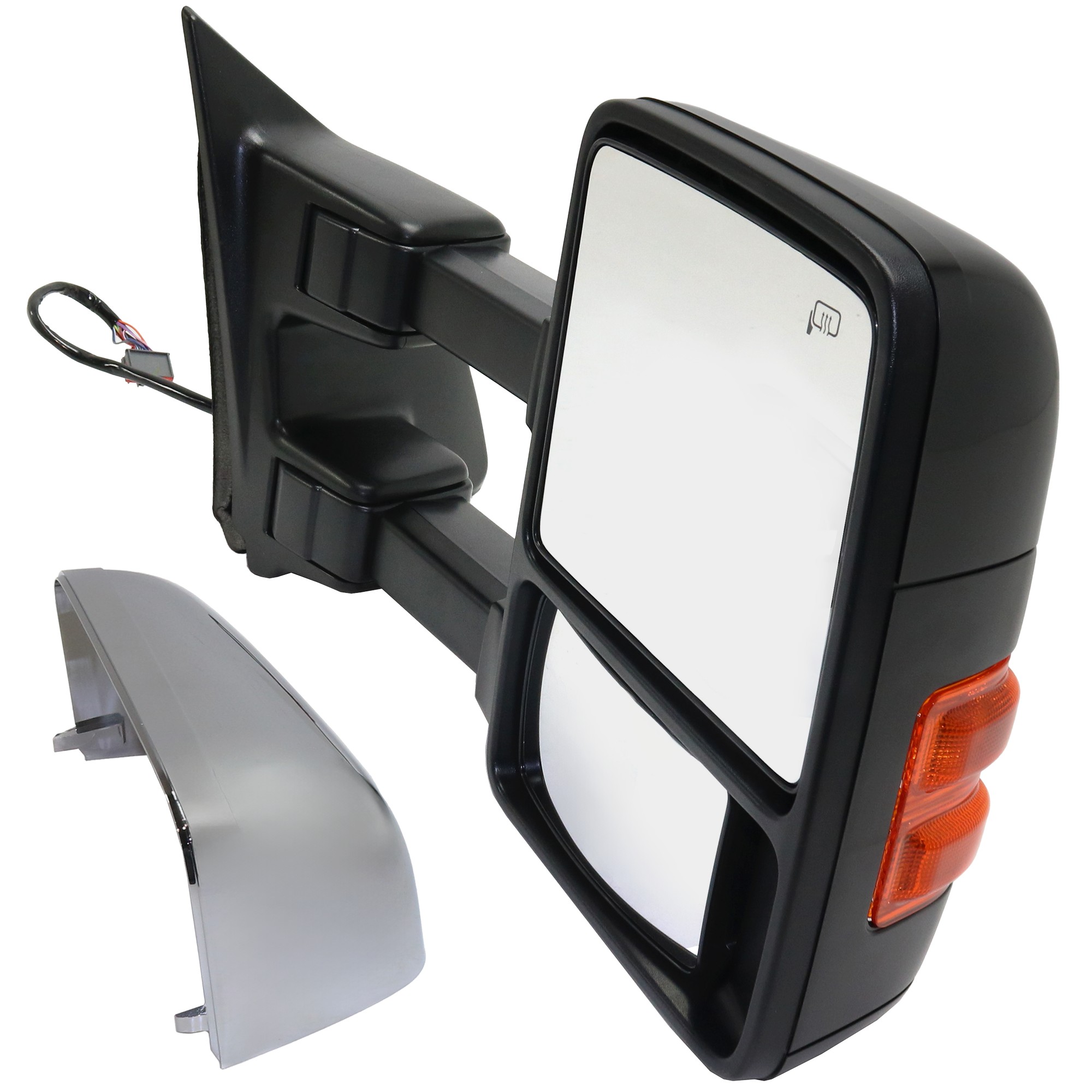AM F SERIES SUPER DUTY 11-16 TOWING MIRROR RH Power Power Folding Heated Chrome Paintable 2 Caps w Auto Extend Memory Signal Light and Temp Sensor w Side Marker SKU JFD282ER S1 Partslink FO1321494 FO1321498 OEM BC3Z17682MA PFM DC3Z17682MA PF