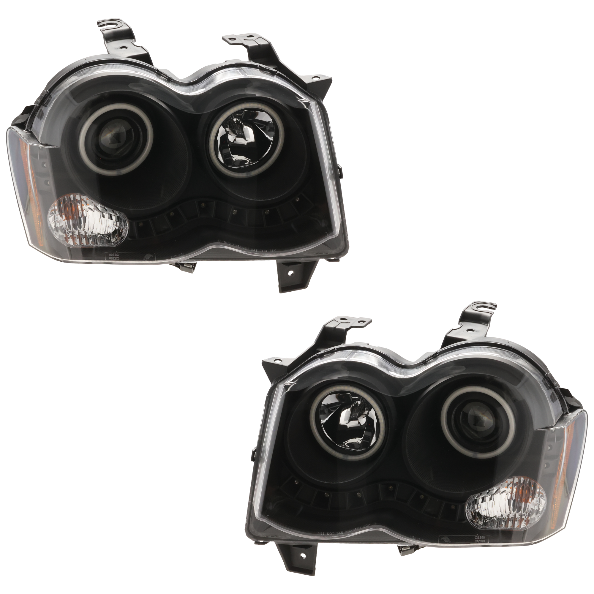 AM GRAND CHEROKEE 08-10 HEAD LAMP RH AND LH Assembly Halogen Black Interior w LED Halo SKU JJ10010013A OEM 55157482AE PFM 55157483AE PFM