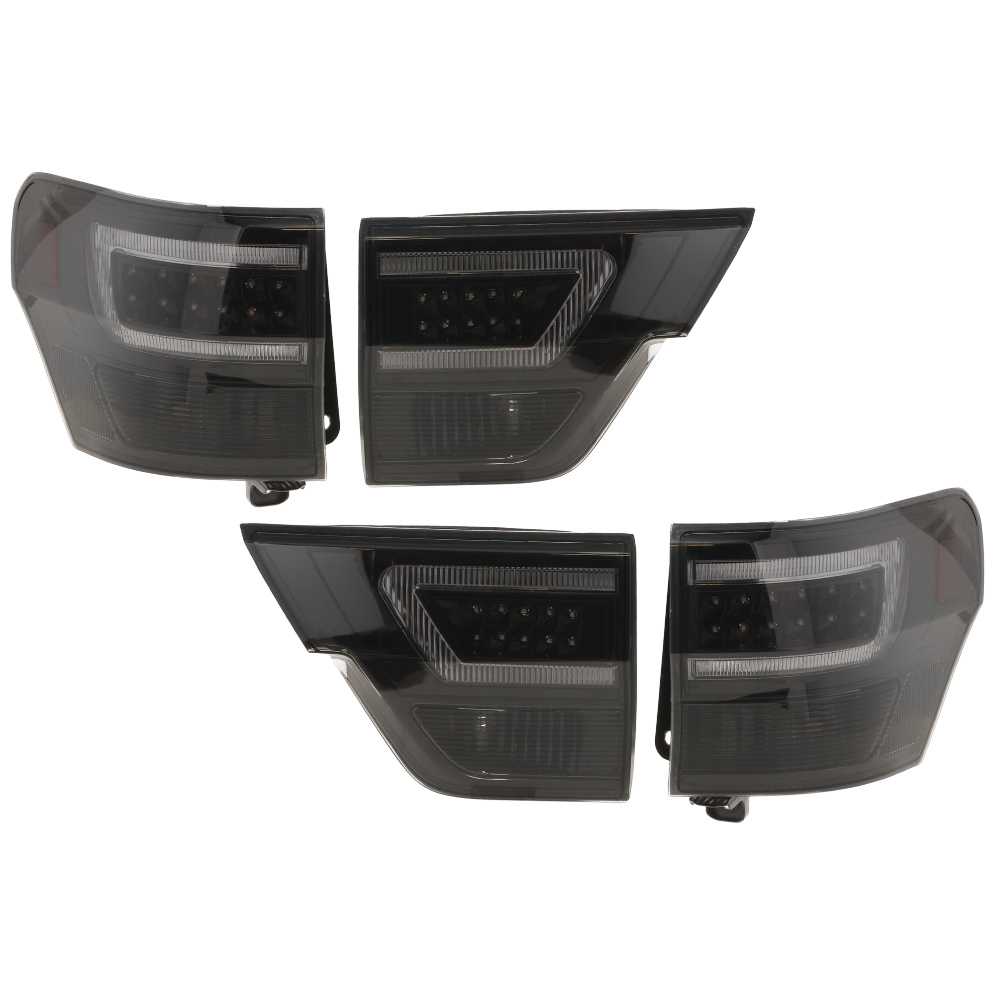 AM GRAND CHEROKEE 11-13 TAIL LAMP RH AND LH Inner and Outer Assembly LED w C Light Bar Black Interior Clear Lens SKU JJ73010008A OEM 55079420AG PFM 57010274AF PFM