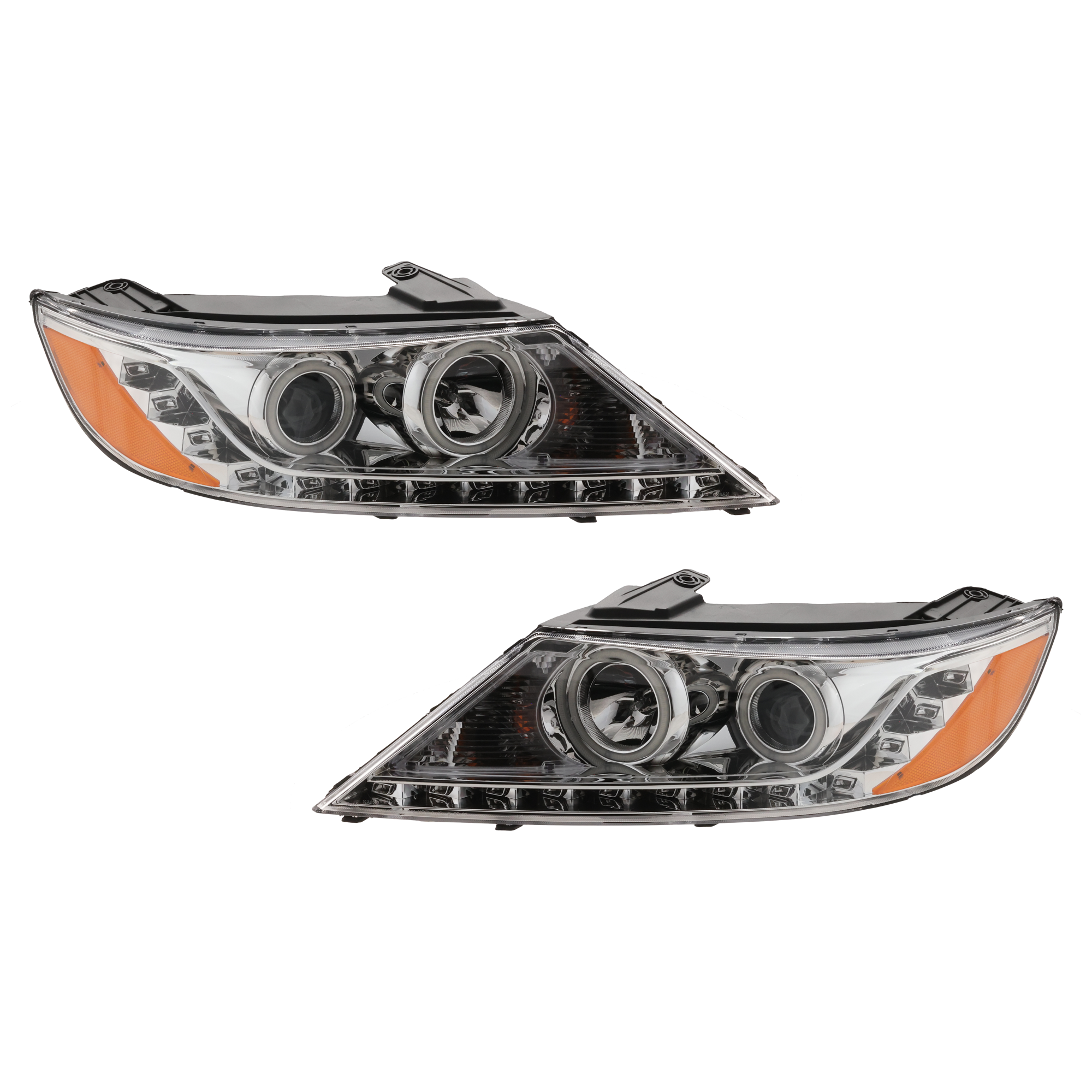 AM SORENTO 11-13 PROJECTOR HEAD LAMP RH AND LH Assembly Halogen Chrome Interior w LED Halo SKU JK10010012A OEM 921021U200 PFM 921011U200 PFM