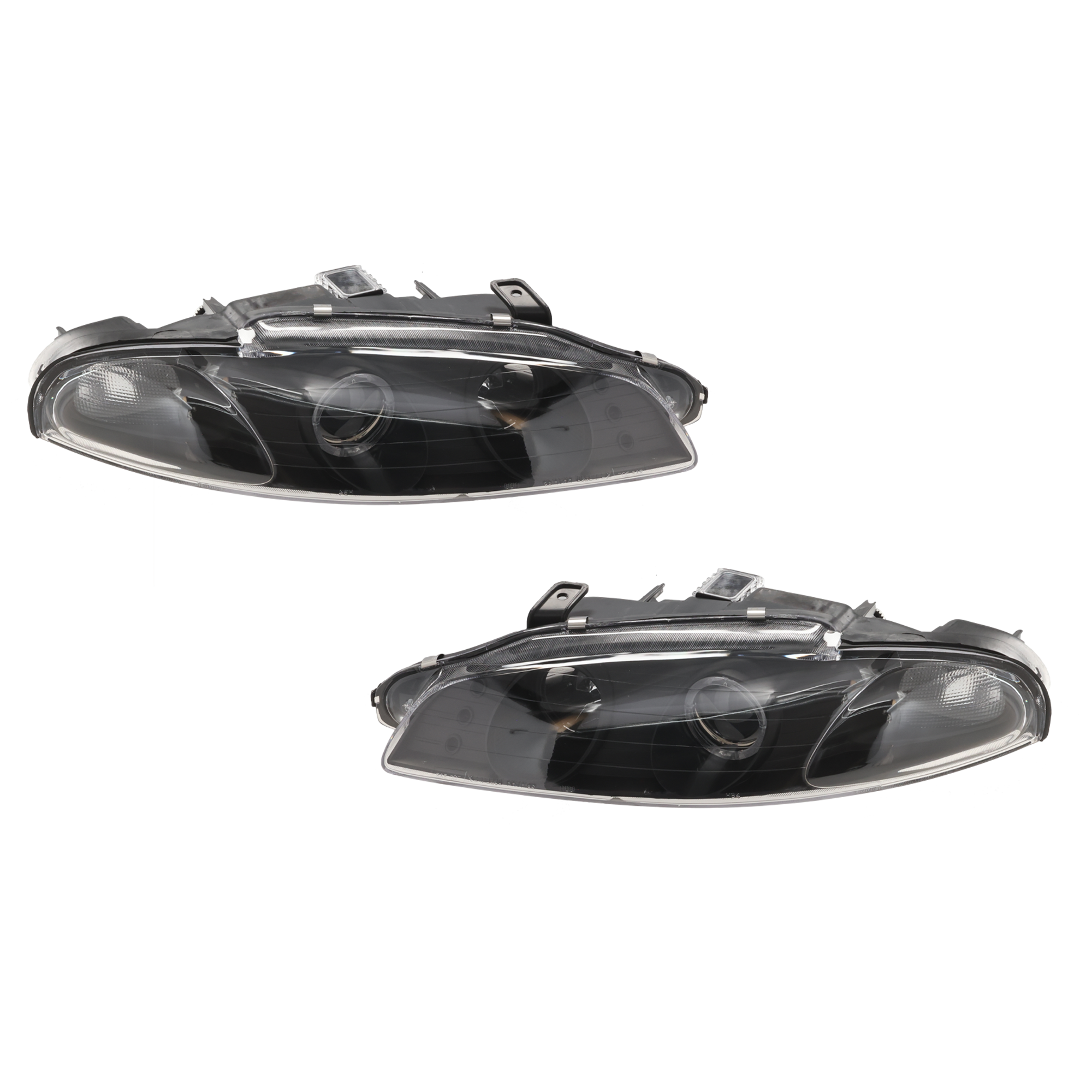AM ECLIPSE 97-99 PROJECTOR HEAD LAMP RH AND LH Assembly Halogen Clear Lens Black Interior w Two LED Halo SKU JM10010015A OEM MR485144 PFM MR485143 PFM