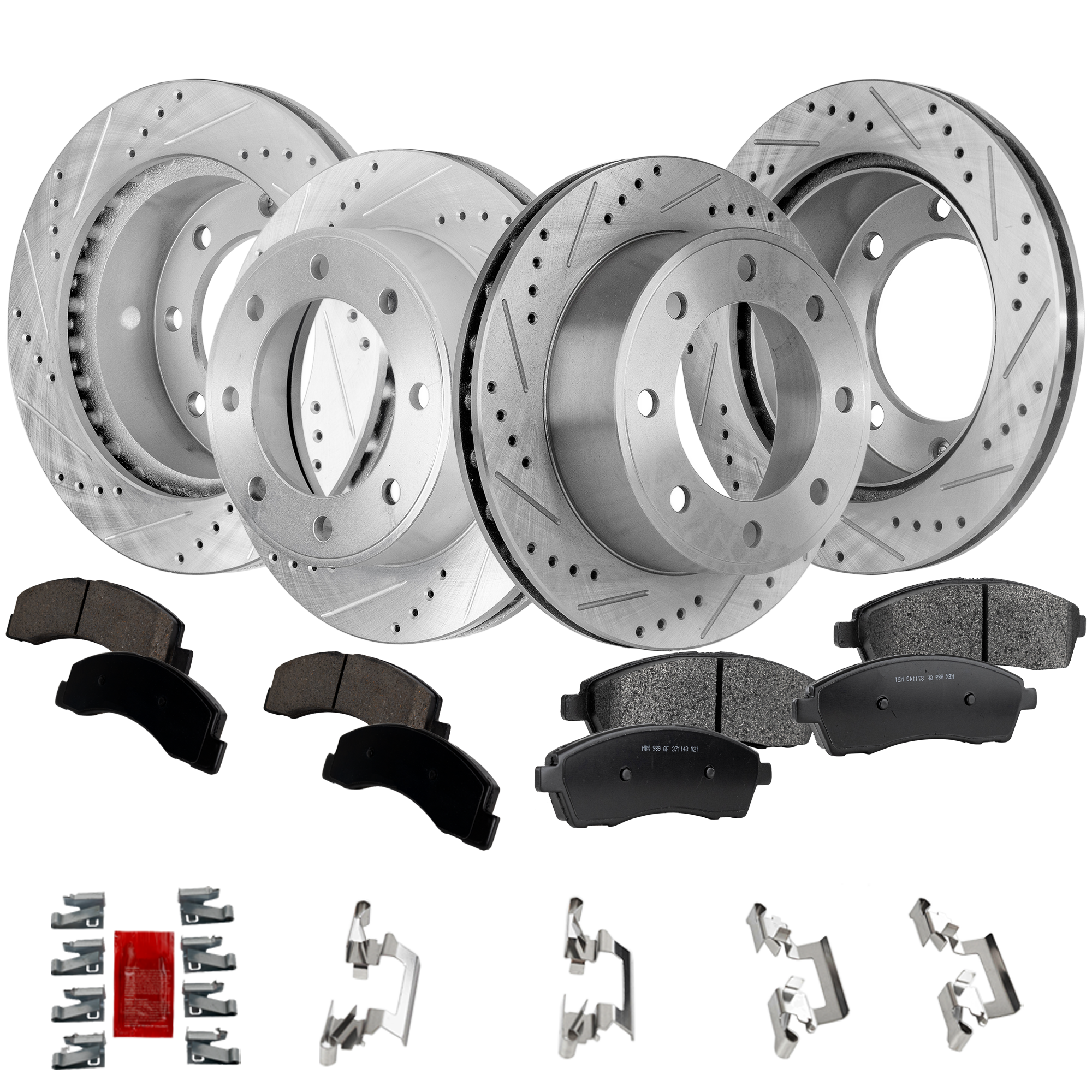 AM EXCURSION 00-05 F 250 SUPER DUTY F 350 SUPER DUTY 99-04 FRONT AND REAR BRAKE DISC AND PAD KIT 8 pc kit Cross drilled and Slotted SKU KIT 010423-03 OEM 19908-54078-66914-145274-49227