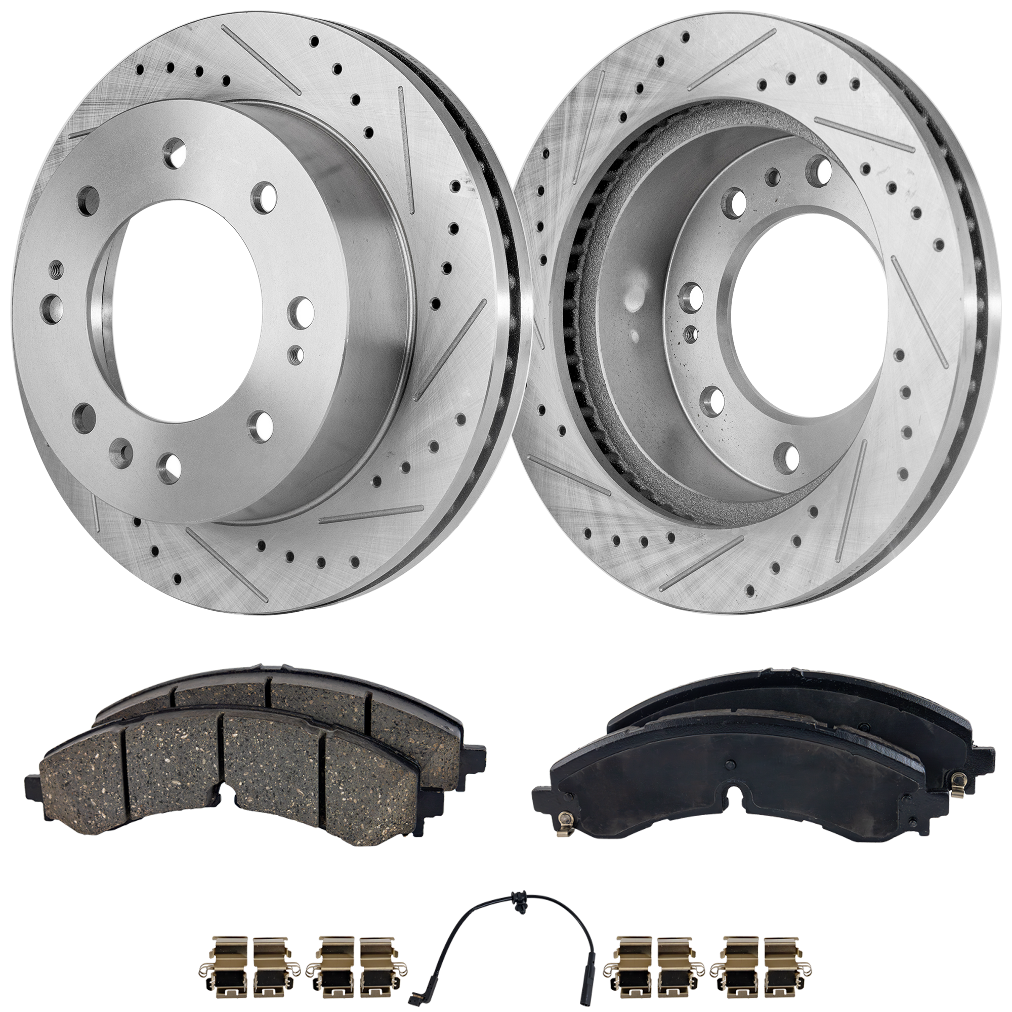 AM SIERRA SILVERADO 3500 HD 20-22 FRONT BRAKE DISC AND PAD KIT 4 pc Kit Cross drilled and Slotted SKU KIT 010623-25 OEM 41268-55191-850227-901026-6004