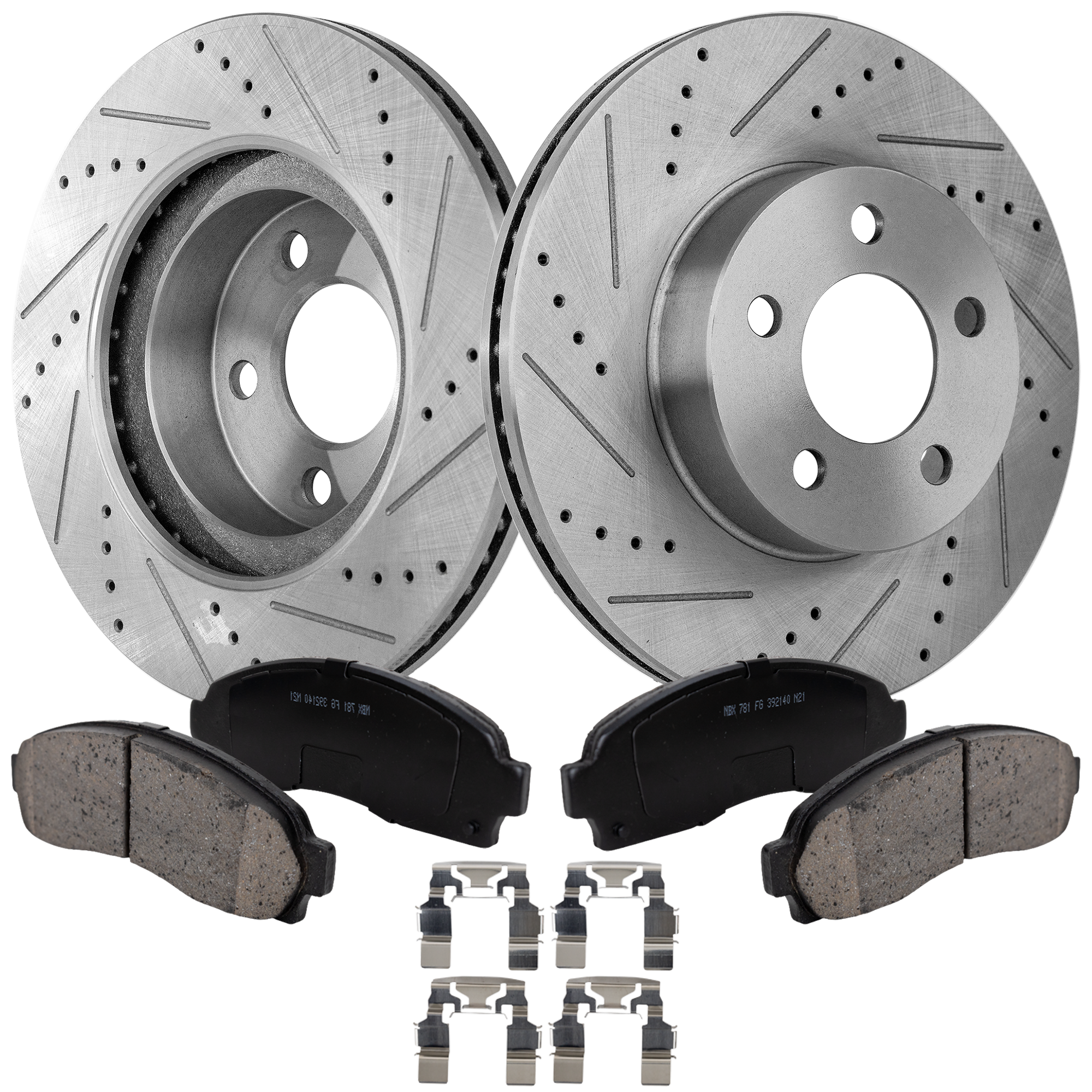 AM EXPLORER SPORT 02-03 RANGER 03-11 FRONT BRAKE DISC AND PAD KIT 2 Wheel Set Cross drilled and Slotted SKU KIT 010623-27 OEM 19-880-540-976-035-300-000-000-000