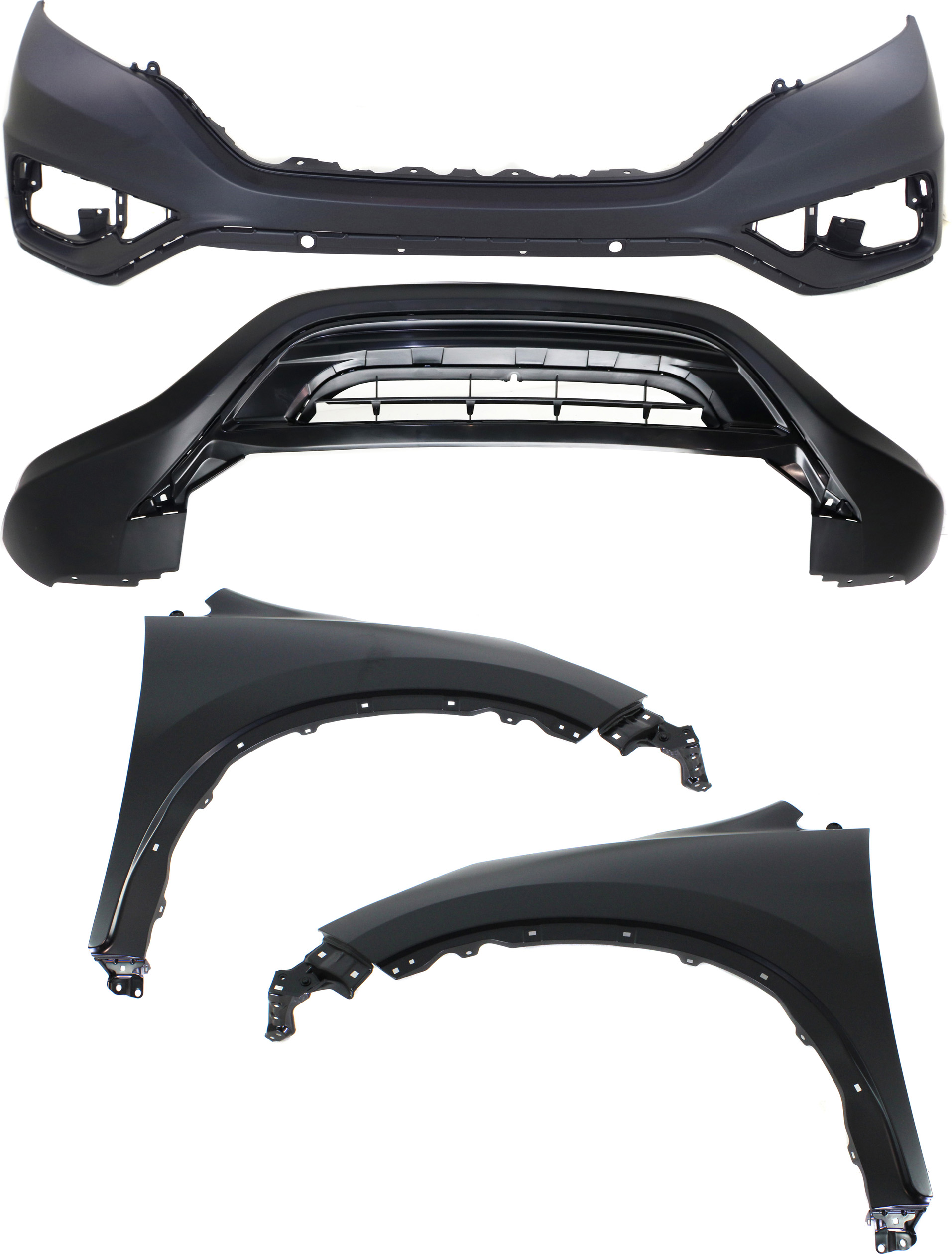 AM CR V 15-16 FRONT BUMPER COVER Upper and Lower 4 pc Kit with Fenders SKU KIT 010718-03 Partslink HO1014102 HO1015111 HO1240184 HO1241184 OEM 04711T1WA91ZZ 04712T1WA91-6026