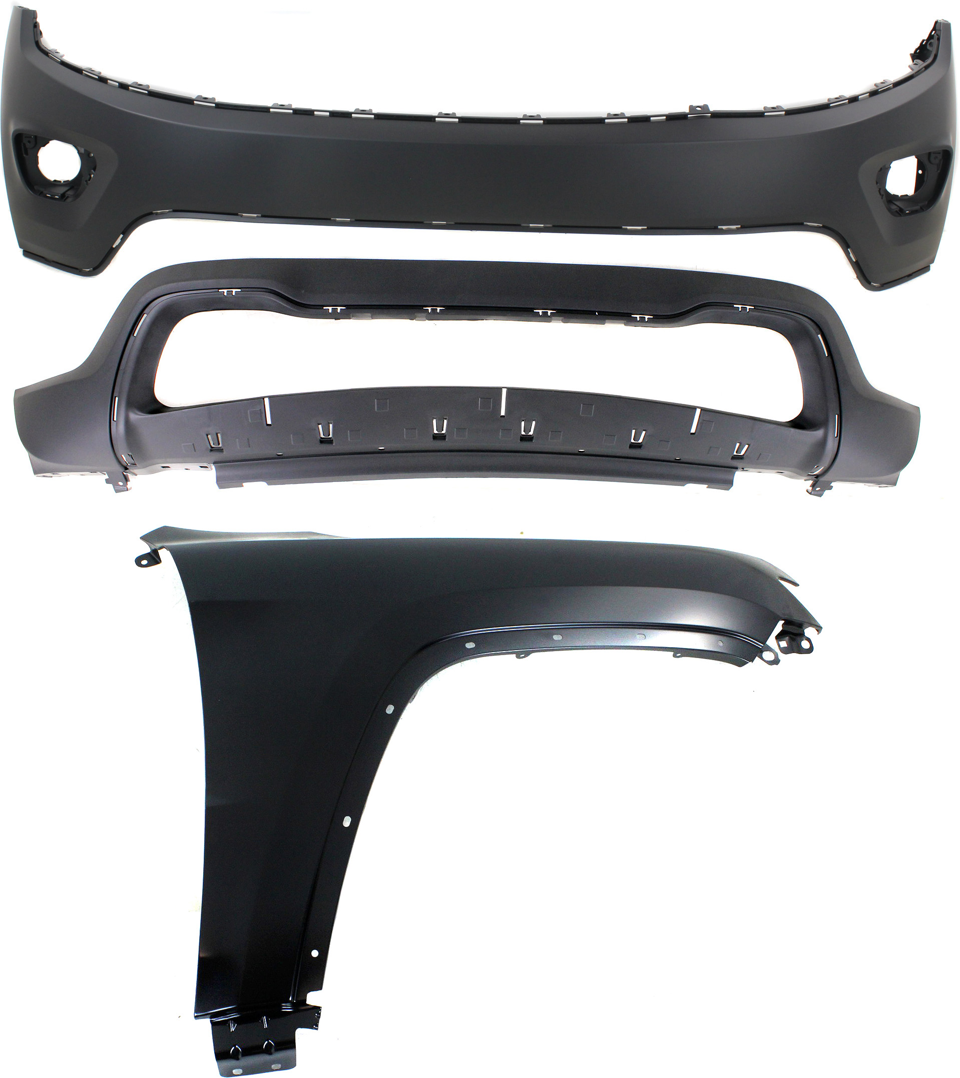 AM GRAND CHEROKEE 14-16 FRONT BUMPER COVER 3 pc Kit with Fender CAPA SKU KIT 010718-104 Partslink CH1014105C CH1015114C CH1241272C OEM 1WL27TZZAC 55369596AF 68143076