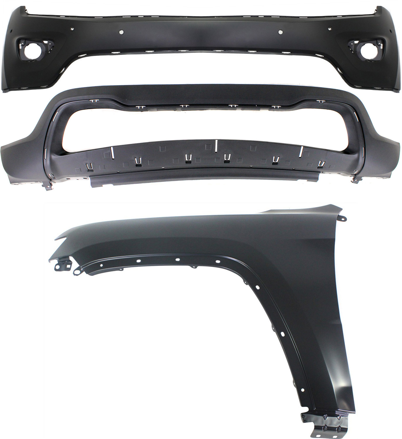 AM GRAND CHEROKEE 14-15 FRONT BUMPER COVER 3 pc Kit with Fender SKU KIT 010718-107 Partslink CH1014109 CH1015114 CH1240272 OEM 68143076AD 68214172AA 55369597