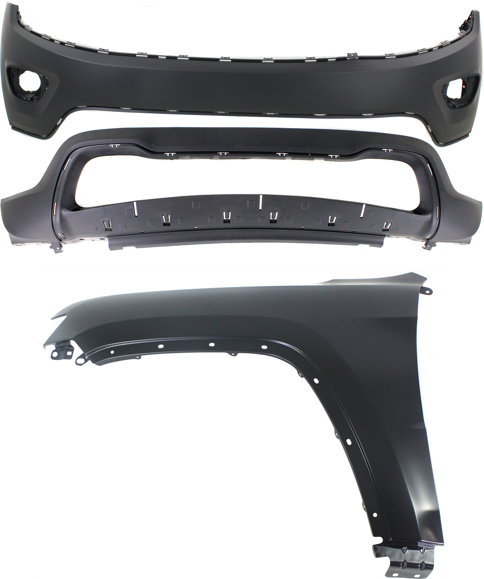 AM GRAND CHEROKEE 14-16 FRONT BUMPER COVER Front Upper Primed Lower Textured 3 pc Kit with Fender SKU KIT 010718-108 Partslink CH1014105 CH1015114 CH1240272 OEM 1WL27TZZAC 68143076AD 55369597