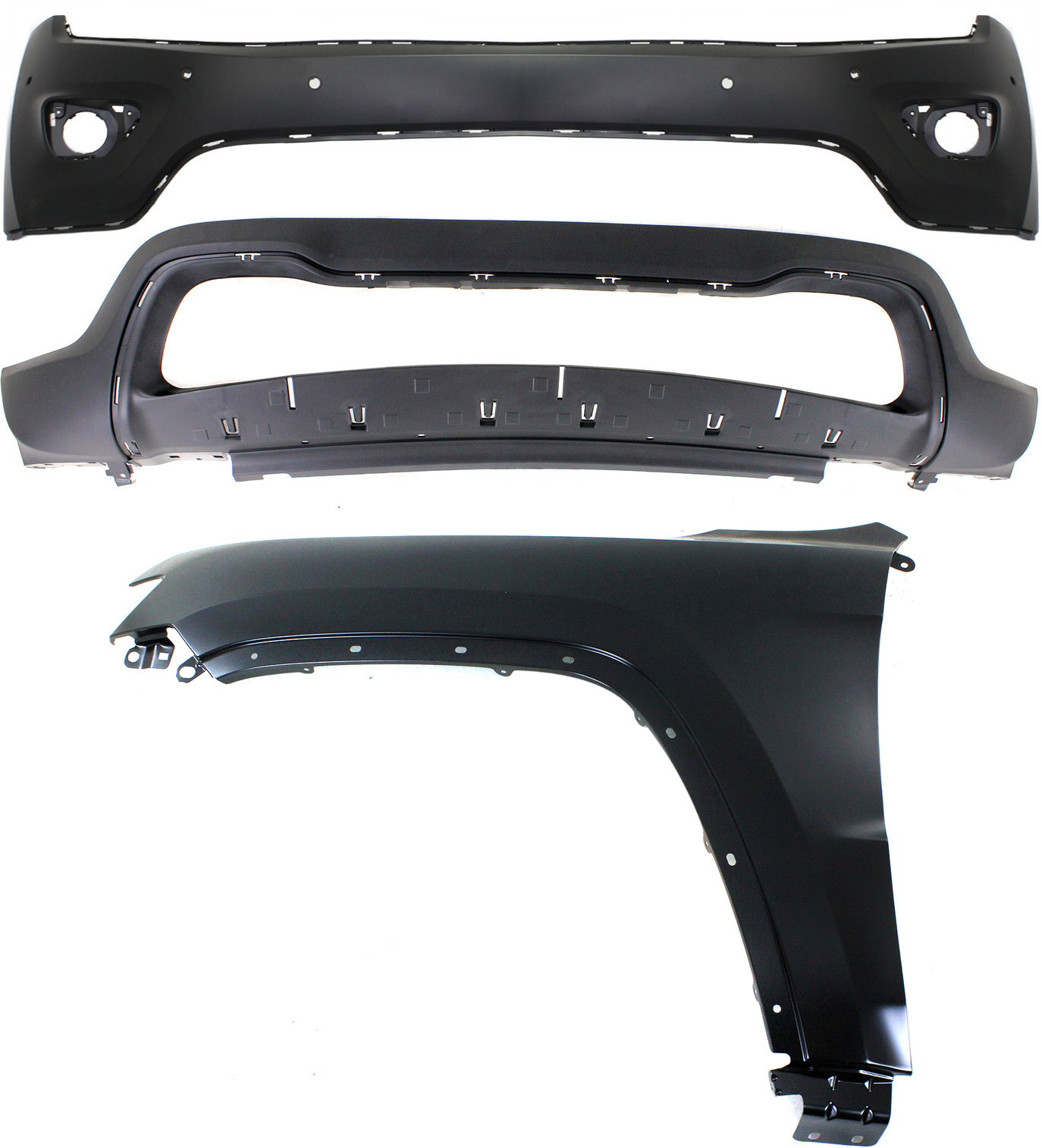 AM GRAND CHEROKEE 14-15 FRONT BUMPER COVER 3 pc Kit with Fender CAPA SKU KIT 010718-113 Partslink CH1014109C CH1015114C CH1240272C OEM 55369597AF 68143076AD 68214172