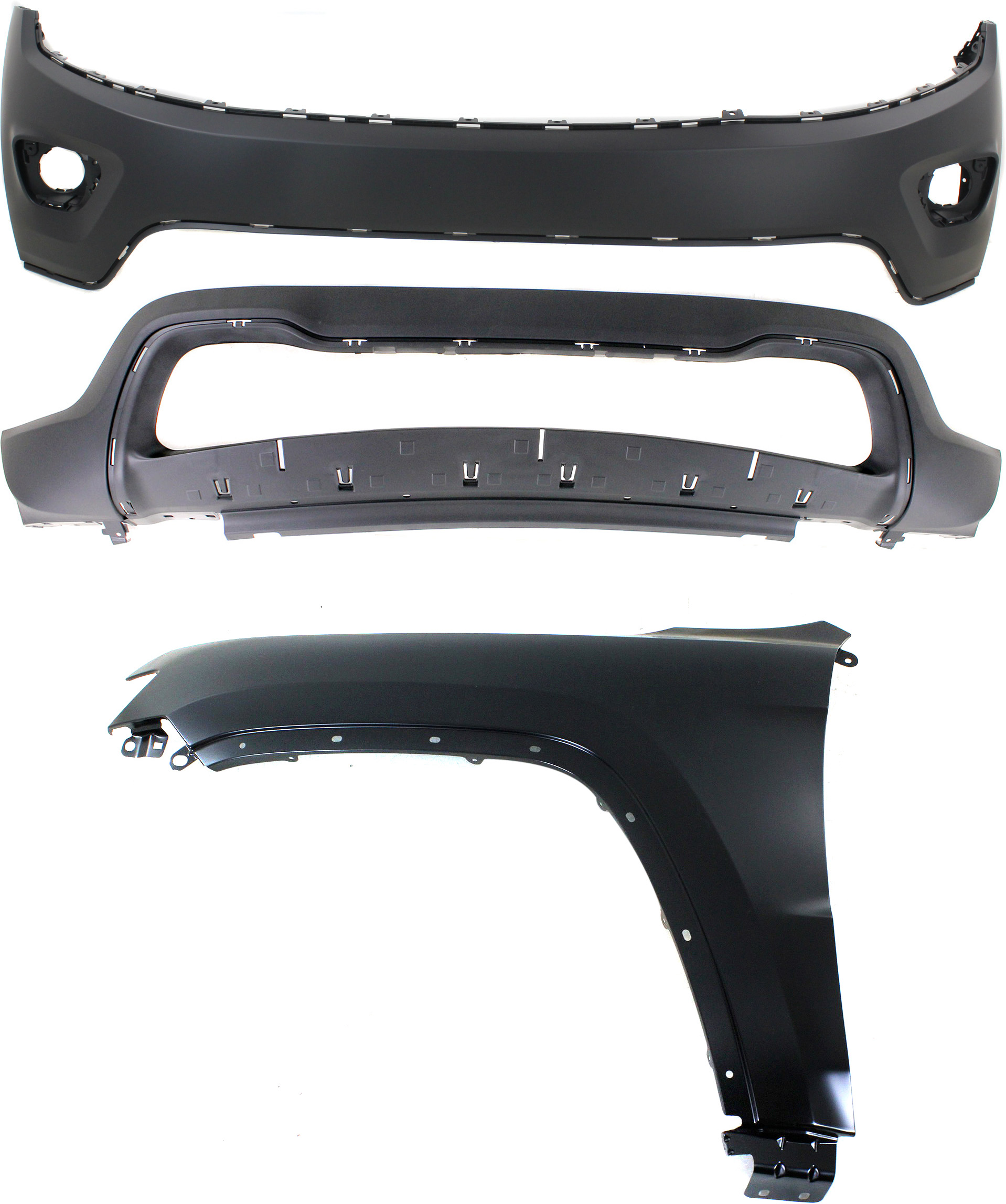 AM GRAND CHEROKEE 14-16 FRONT BUMPER COVER 3 pc Kit with Fender CAPA SKU KIT 010718-114 Partslink CH1014105C CH1015114C CH1240272C OEM 1WL27TZZAC 55369597AF 68143076