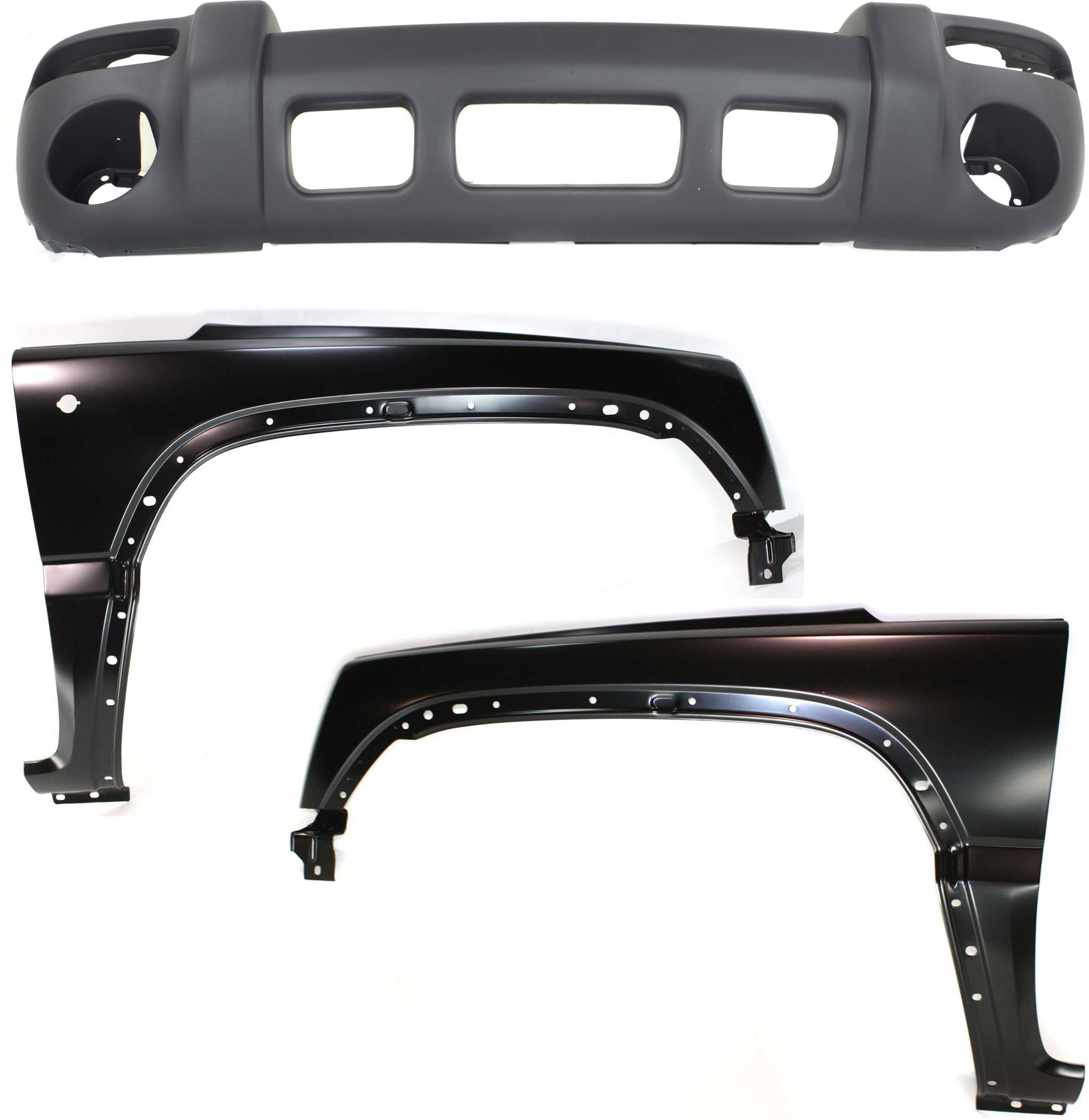 AM LIBERTY 02-04 FRONT BUMPER COVER 3 pc Kit with Fenders SKU KIT 010718-115 Partslink CH1000367 CH1240231 CH1241231 OEM 5GJ63HS5AC 55177101AD 55177100