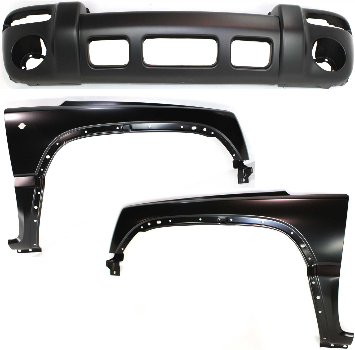 AM LIBERTY 02-04 FRONT BUMPER COVER 3 pc Kit with Fenders SKU KIT 010718-116 Partslink CH1000334 CH1240231 CH1241231 OEM 5066606AB 5066606AC 55177101AD