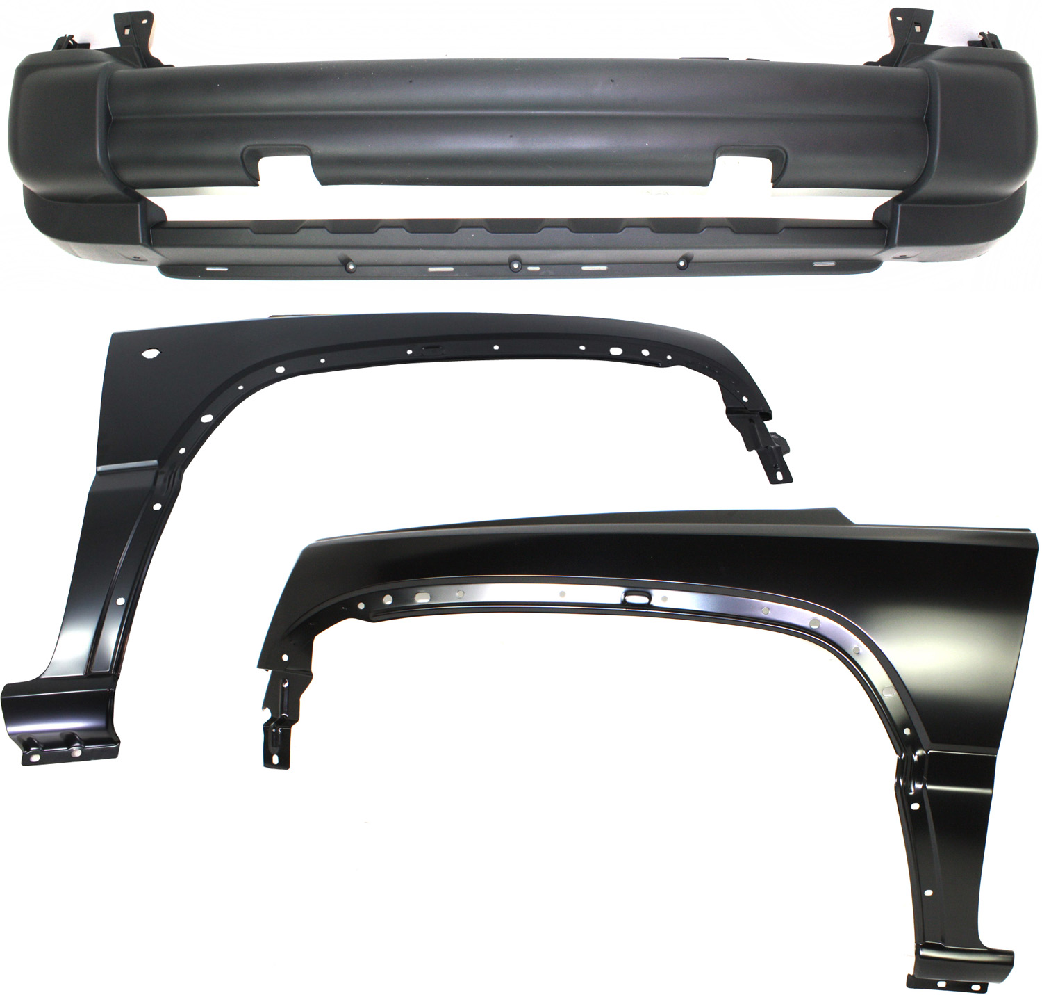 AM LIBERTY 05-07 FRONT BUMPER COVER 3 pc Kit with Fenders SKU KIT 010718-118 Partslink CH1000454 CH1240248 CH1241248 OEM 5JG91CD7AB 5JG91CD7AD 55360599
