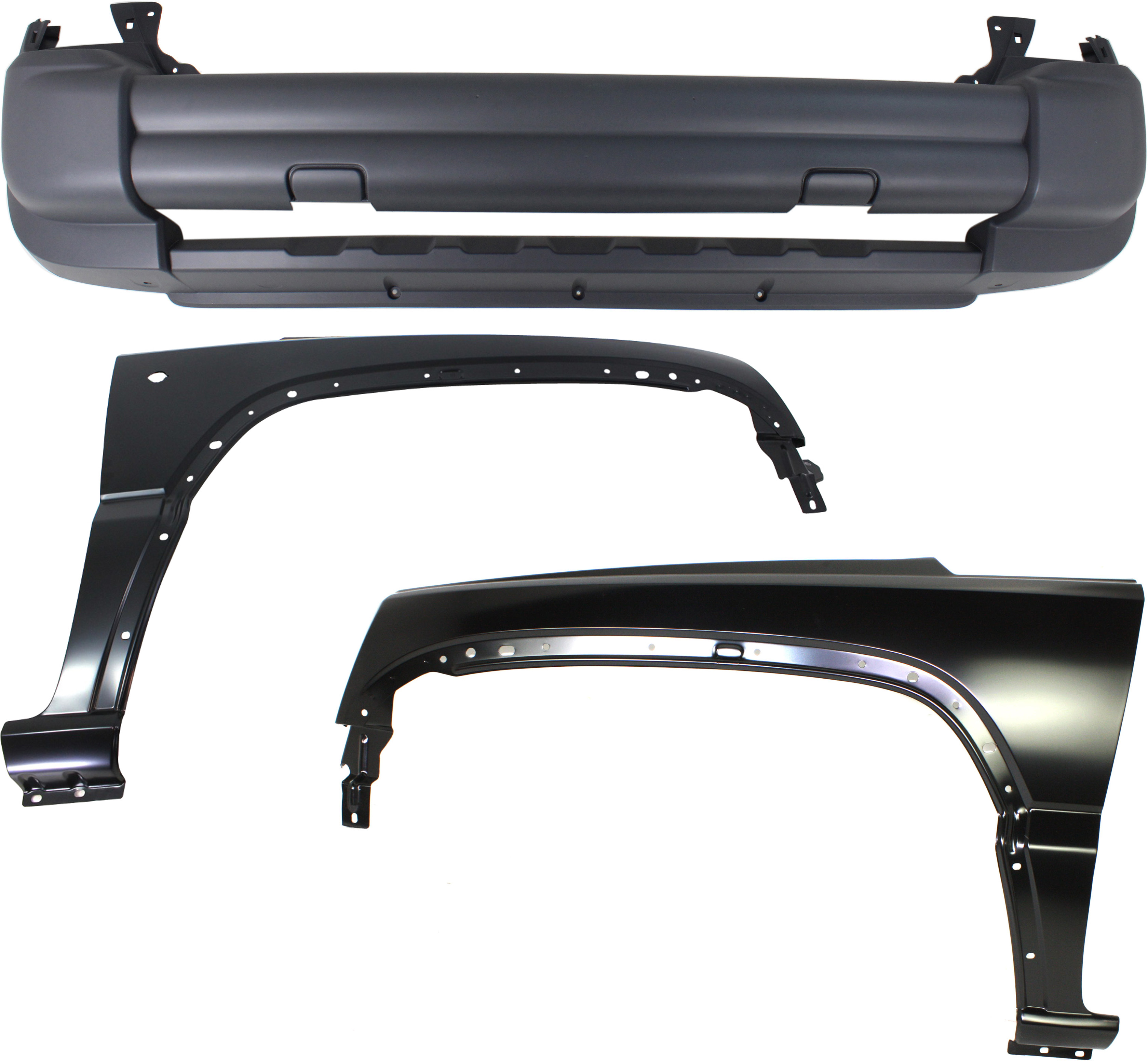 AM LIBERTY 05-07 FRONT BUMPER COVER 3 pc Kit with Fenders SKU KIT 010718-119 Partslink CH1000923 CH1240248 CH1241248 OEM 5JG89BDLAB 5JG89BDLAC 55360599