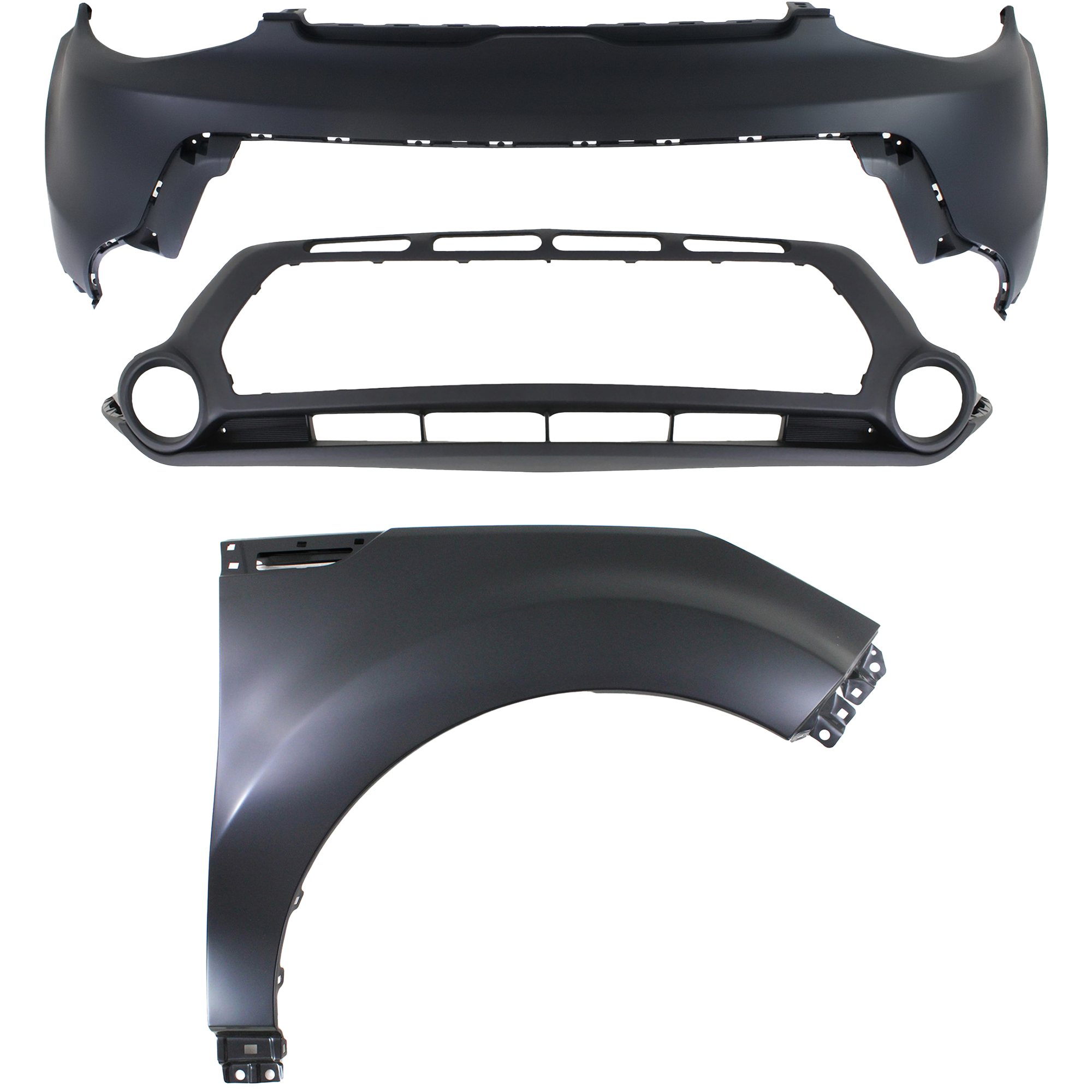 AM SOUL 14-16 FRONT BUMPER COVER 3 pc Kit with Fender SKU KIT 010718-127 Partslink KI1014100 KI1015104 KI1241141 OEM 86511B2000-86512B2000-66321B20