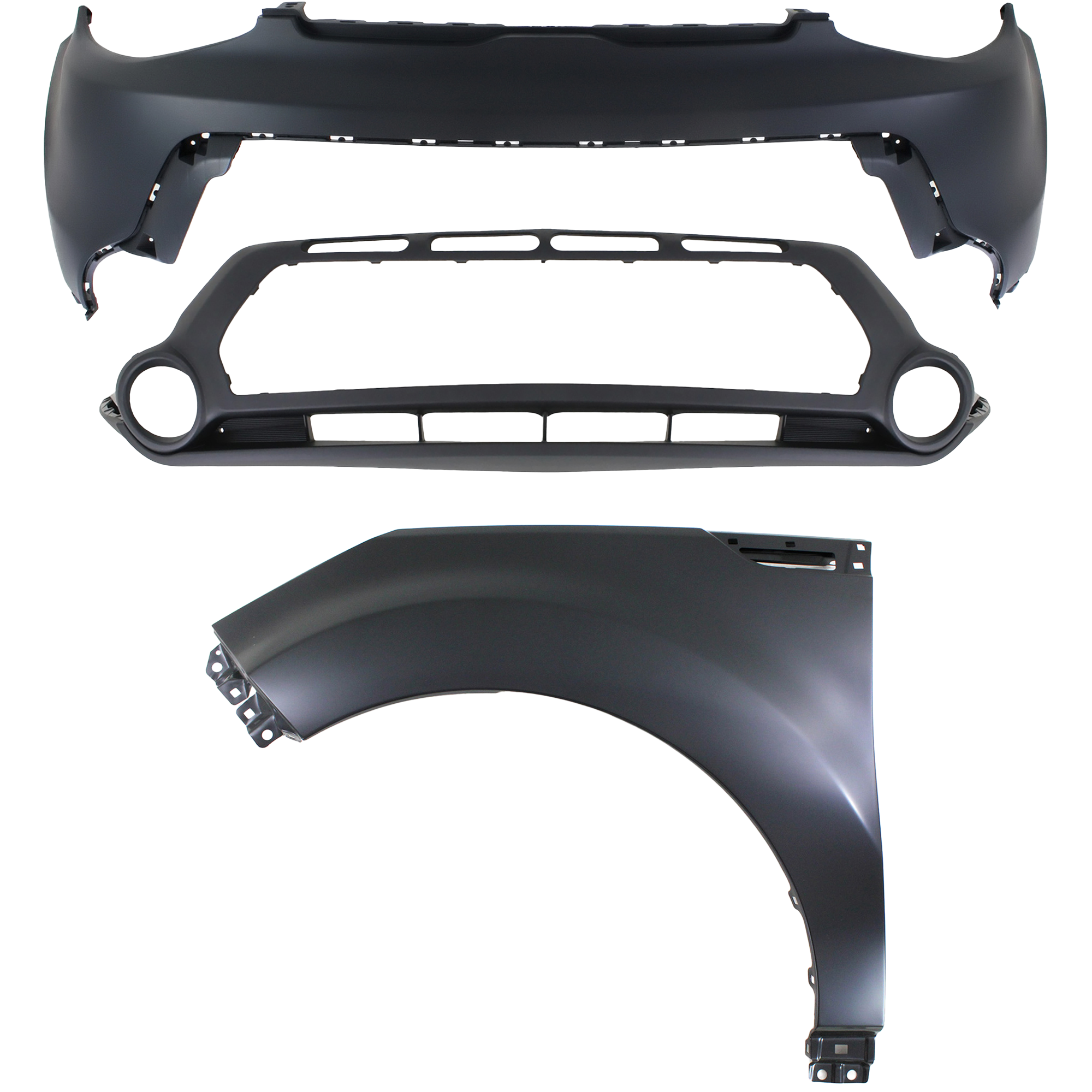 AM SOUL 14-16 FRONT BUMPER COVER 3 pc Kit with Fender SKU KIT 010718-129 Partslink KI1014100 KI1015104 KI1240141 OEM 86511B2000-86512B2000-66311B20