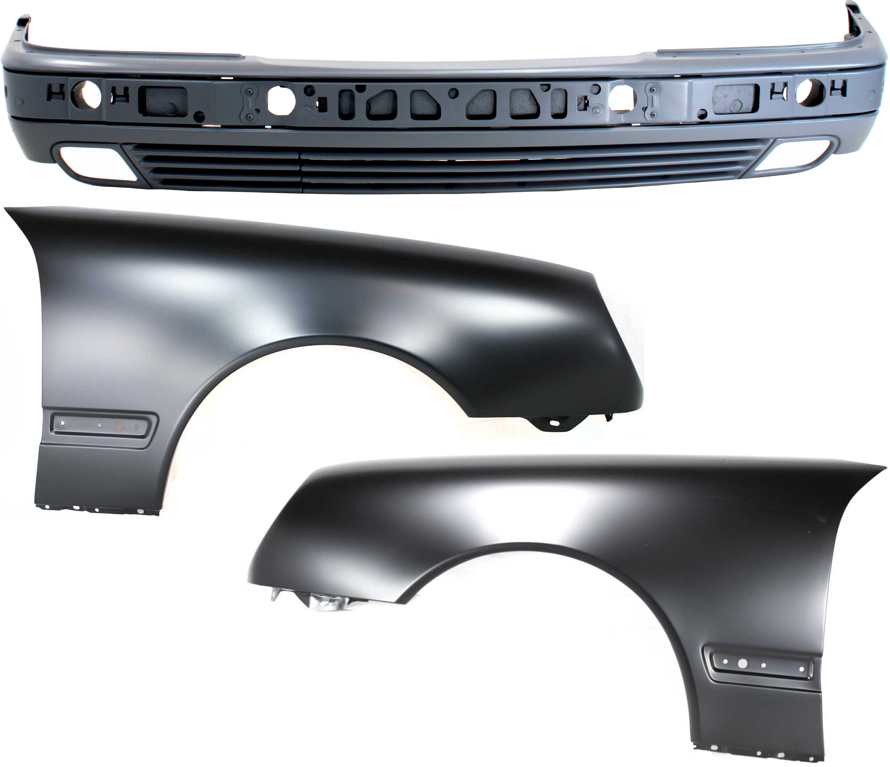 AM E CLASS 96-99 FRONT BUMPER COVER 3 pc Kit with Fenders SKU KIT 010718-135 Partslink MB1000116 MB1240118 MB1241118 OEM 2108805870-2108800318-21088004