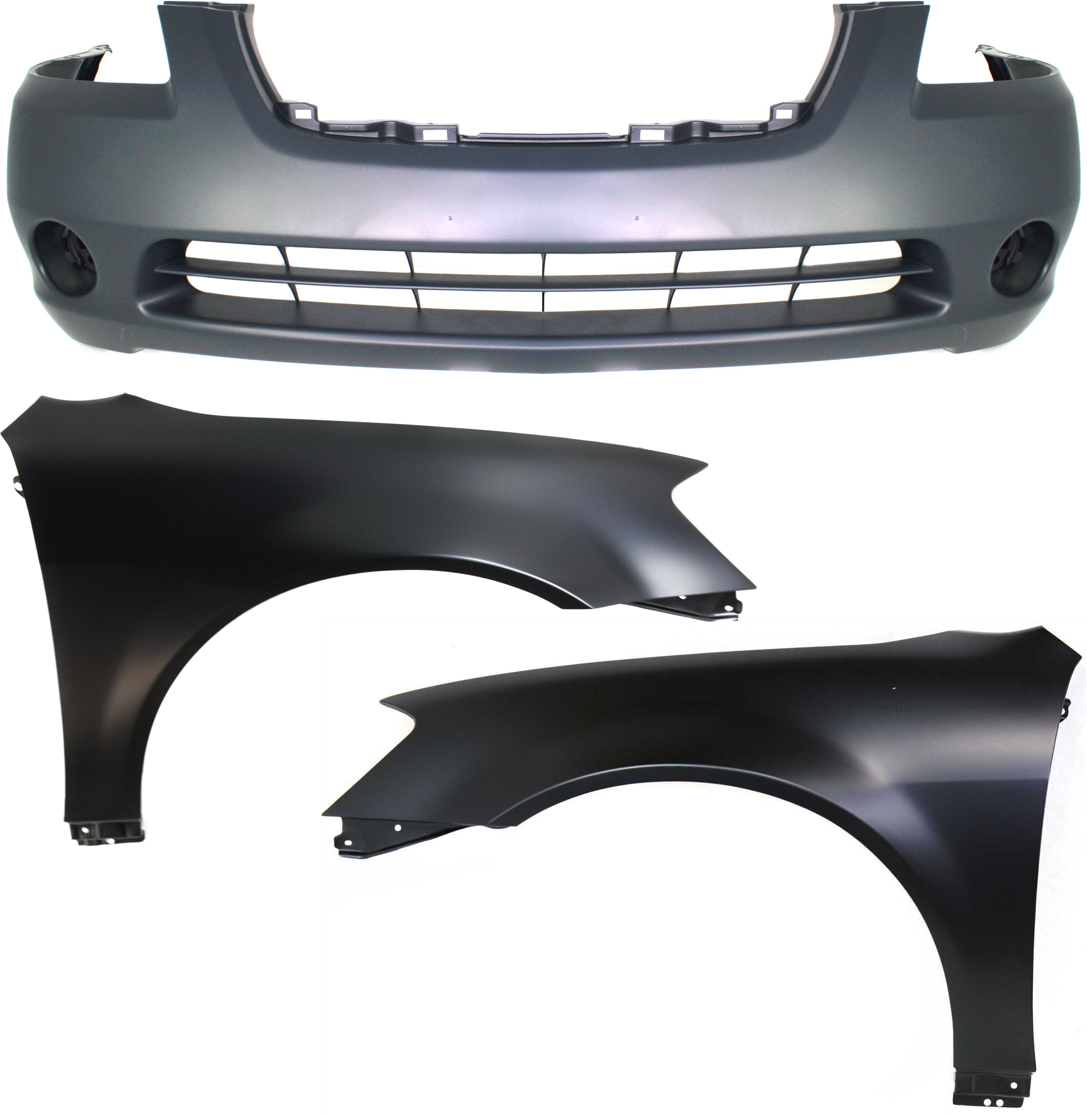 AM ALTIMA 02-04 FRONT BUMPER COVER 3 pc Kit with Fenders SKU KIT 010718-136 Partslink NI1000193 NI1240171 NI1241171 OEM 620228J040-631138J030-631128J0