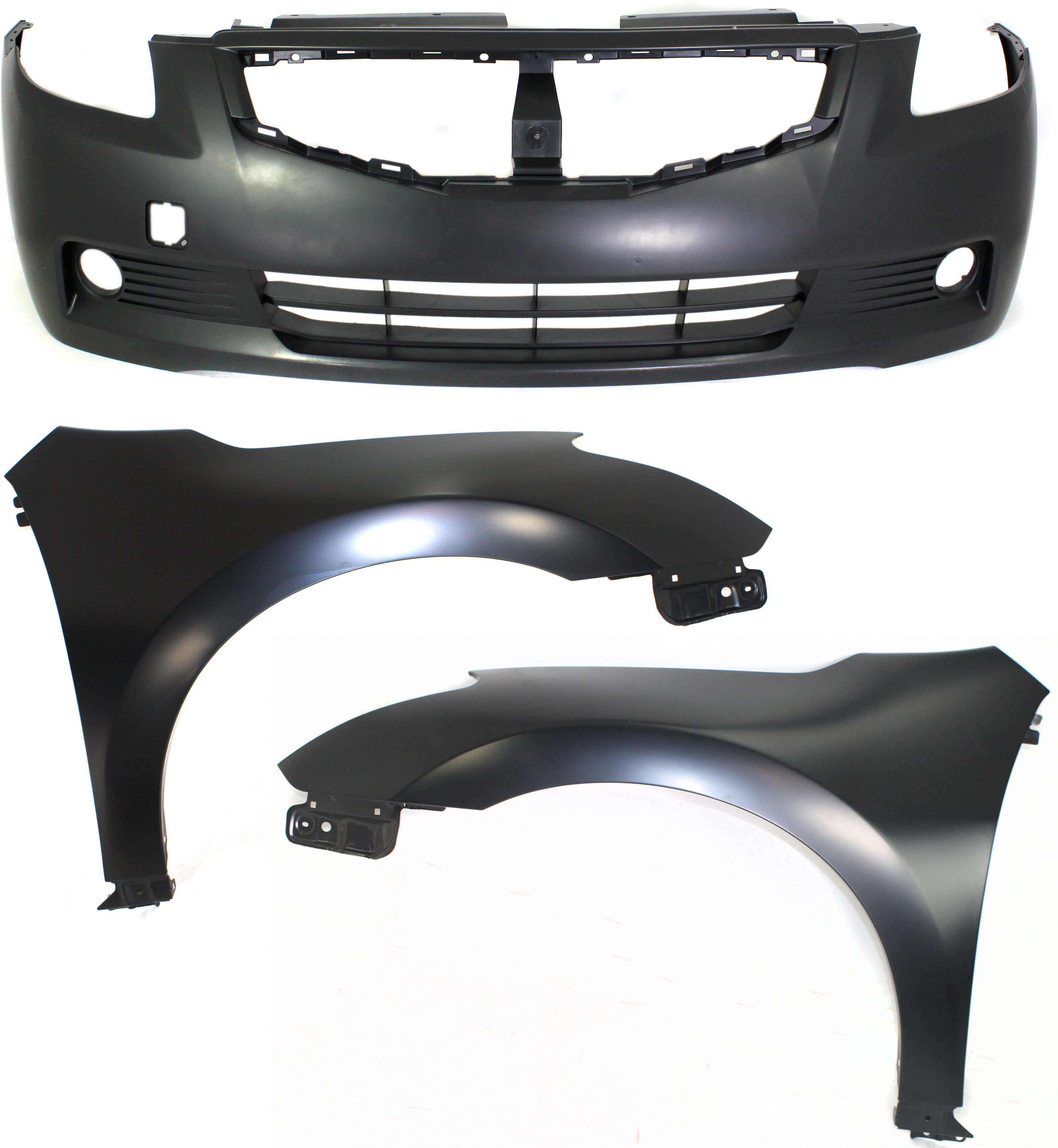 AM ALTIMA 08-09 FRONT BUMPER COVER 3 pc Kit with Fenders Coupe SKU KIT 010718-138 Partslink NI1000250 NI1240195 NI1241195 OEM 62022JB100-63101ZN65A 63100ZN6