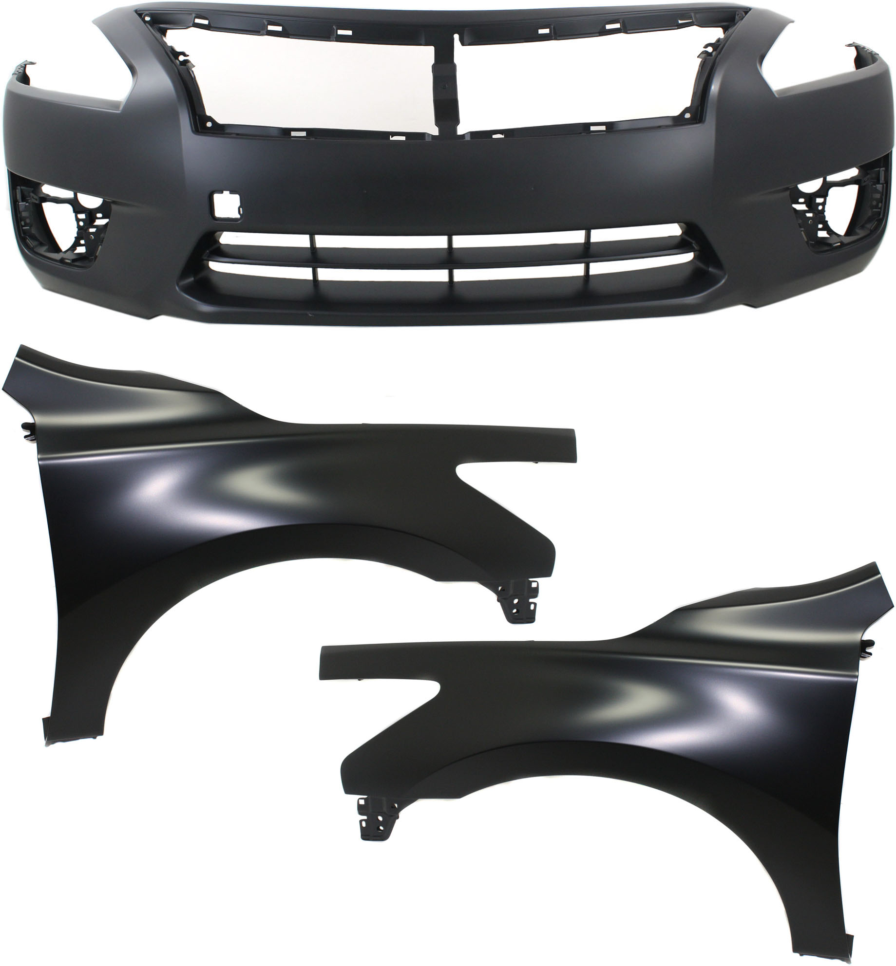 AM ALTIMA 13-15 FRONT BUMPER COVER 3 pc Kit with Fenders SKU KIT 010718-142 Partslink NI1000285 NI1240205 NI1241205 OEM 620223TA0H 631013TA0A 631003TA