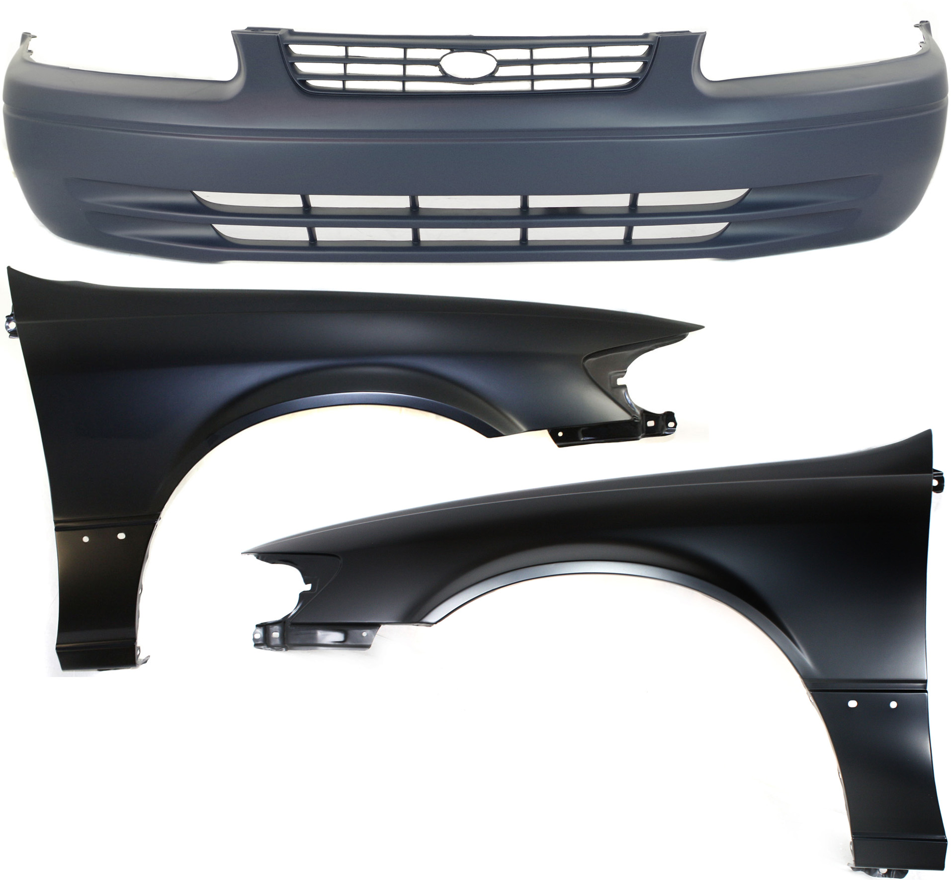 AM CAMRY 97-99 FRONT BUMPER COVER 3 pc Kit with Fenders SKU KIT 010718-166 Partslink TO1000187 TO1240162 TO1241162 OEM 52119AA901-53812AA020-53811AA0