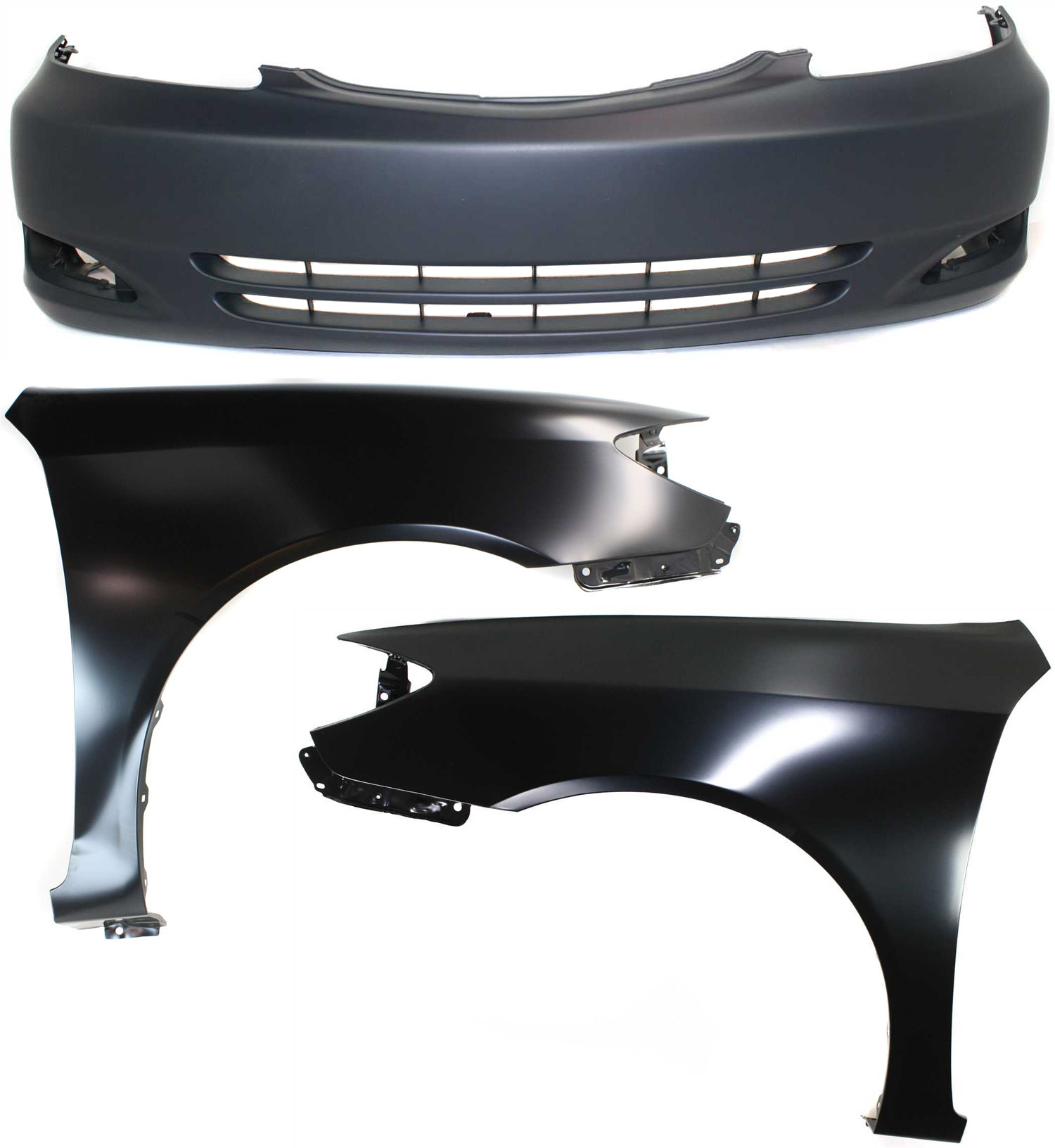 AM CAMRY 02-04 FRONT BUMPER COVER 3 pc Kit with Fenders SKU KIT 010718-168 Partslink TO1000231 TO1240184 TO1241184 OEM 52119AA905-53802AA020-53801AA0