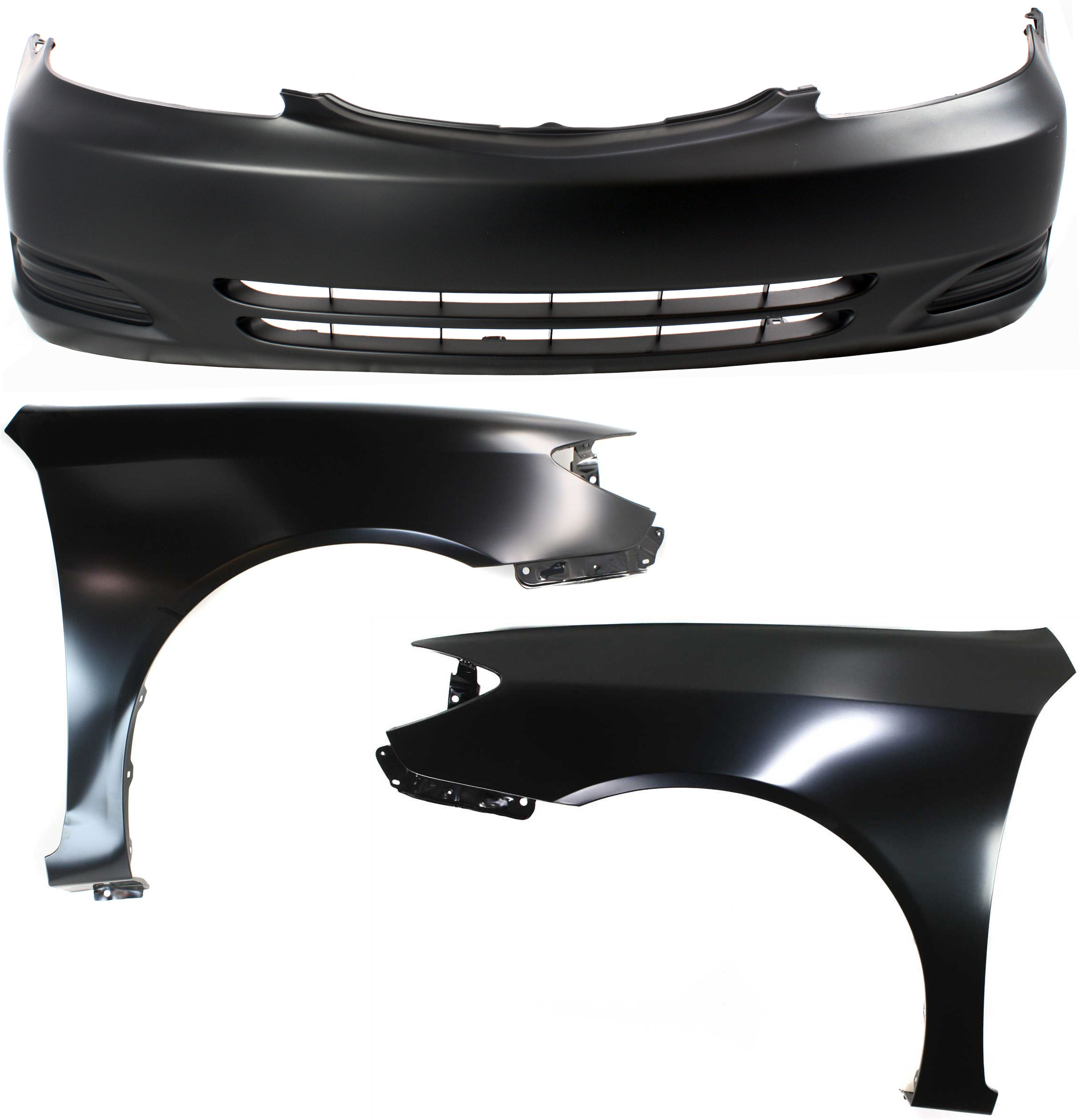 AM CAMRY 02-04 FRONT BUMPER COVER 3 pc Kit with Fenders SKU KIT 010718-169 Partslink TO1000230 TO1240184 TO1241184 OEM 52119AA904-53802AA020-53801AA0