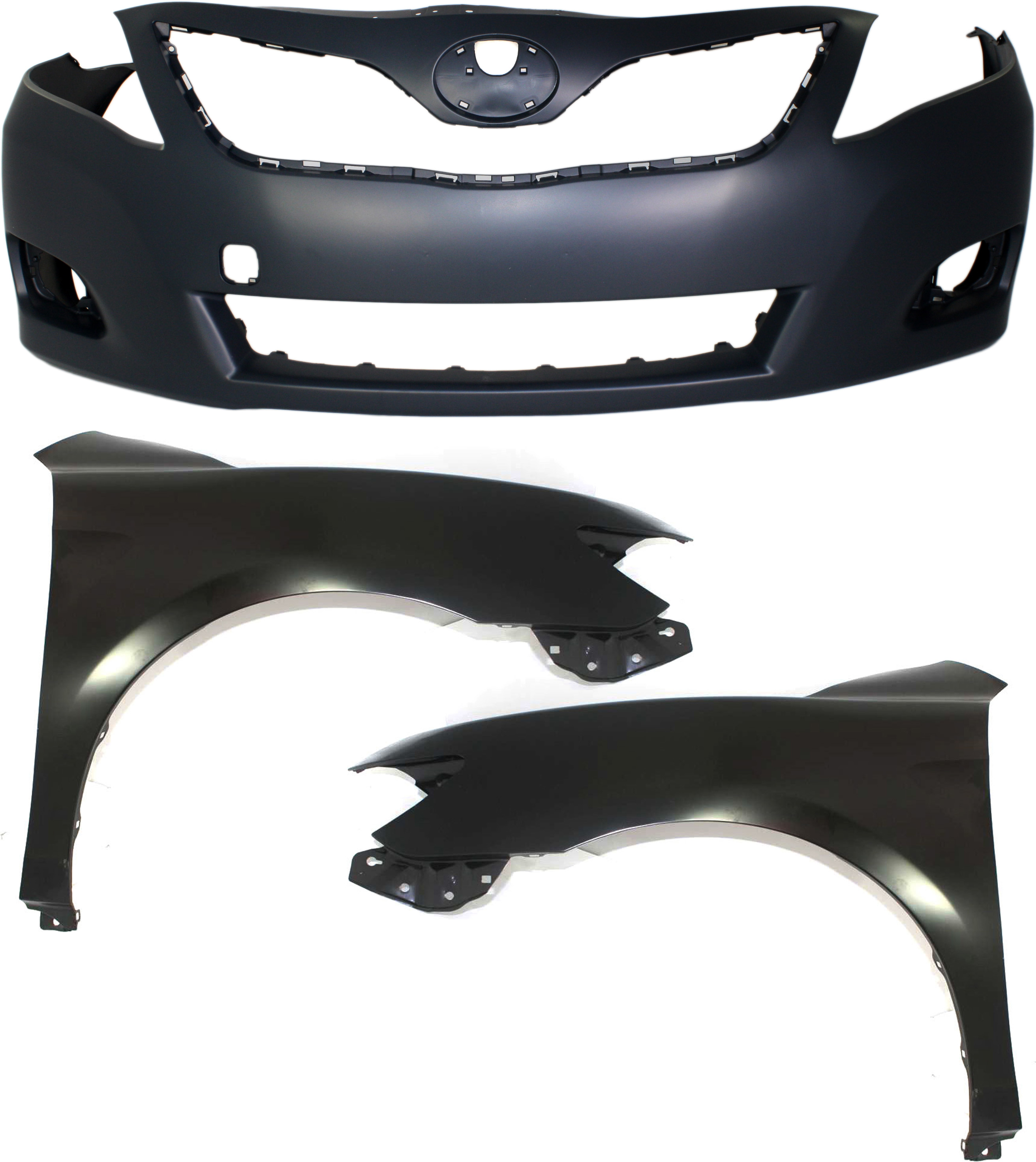 AM CAMRY 10-11 FRONT BUMPER COVER Primed w Fog Light Holes 3 pc Kit with Fenders SKU KIT 010718-175 Partslink TO1000357 TO1240211 TO1241211 OEM 5211933966-5380206120-53801061