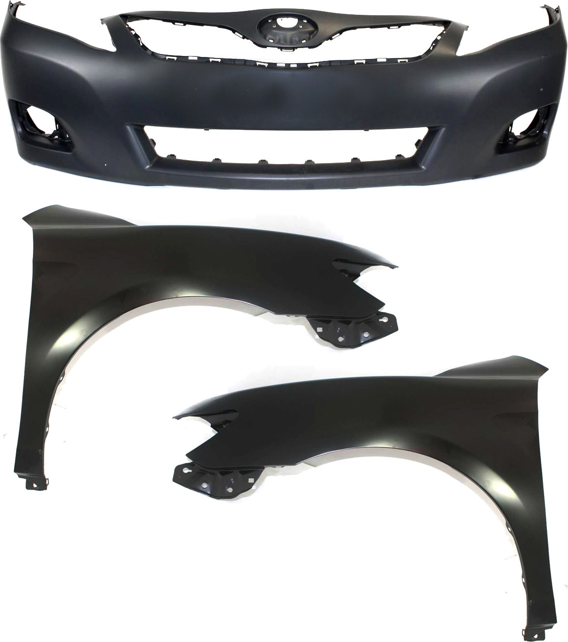 AM CAMRY 10-11 FRONT BUMPER COVER Primed w Fog Light Holes 3 pc Kit with Fenders SKU KIT 010718-176 Partslink TO1000370 TO1240211 TO1241211 OEM 5211906957-5380206120-53801061