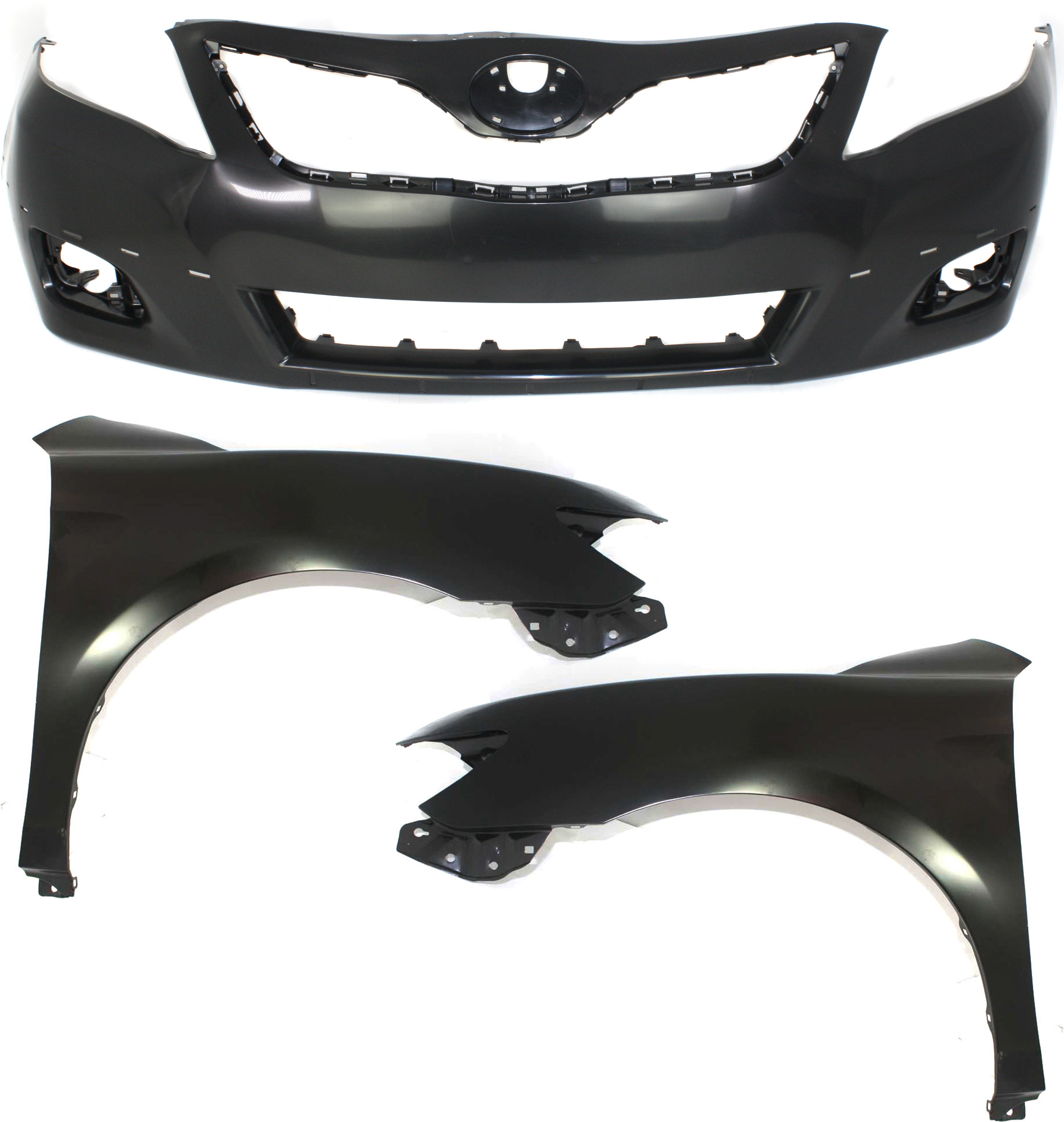 AM CAMRY 10-11 FRONT BUMPER COVER Primed w Fog Light Holes 3 pc Kit with Fenders SKU KIT 010718-179 Partslink TO1000355 TO1240211 TO1241211 OEM 5211906959-5380206120-53801061