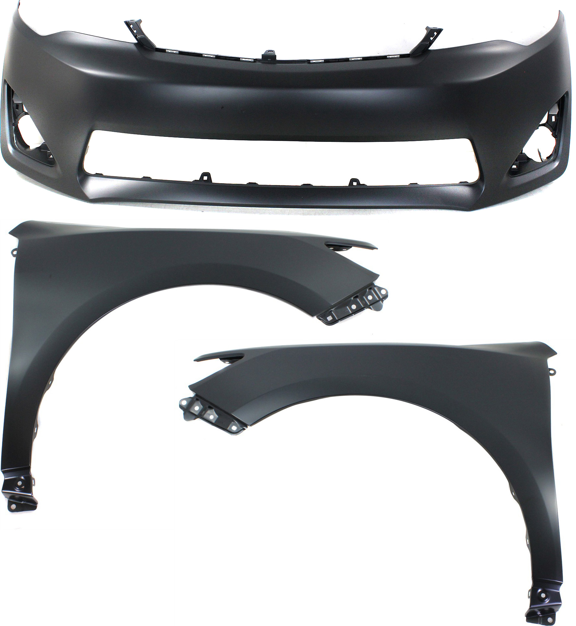AM CAMRY 12-14 FRONT BUMPER COVER 3 pc Kit Primed L LE XLE Hybrid Models with Fenders SKU KIT 010718-181 Partslink TO1000378 TO1240239 TO1241239 OEM 5211906974-5381206150-53811061